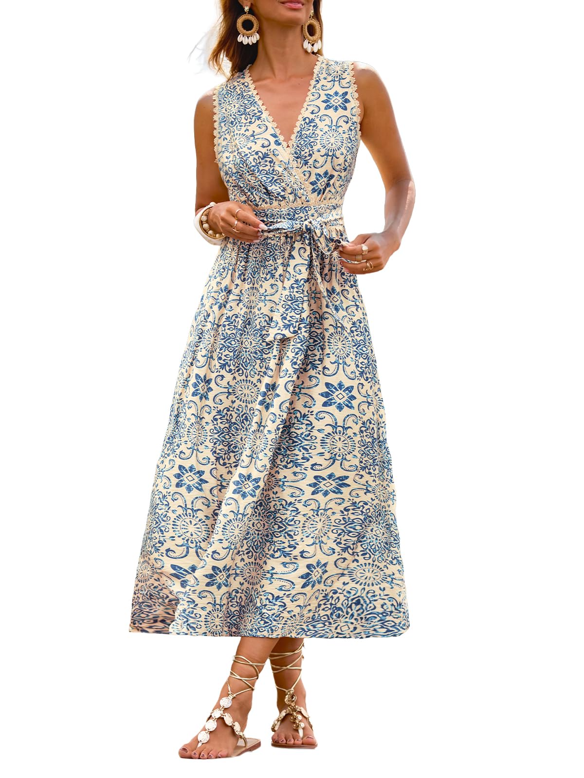 CUPSHE Women's Paisley Floral Maxi Sundress Sleeveless V Neck Lace Trim Dress Summer Vacation Beach Belted Flowy Dresses