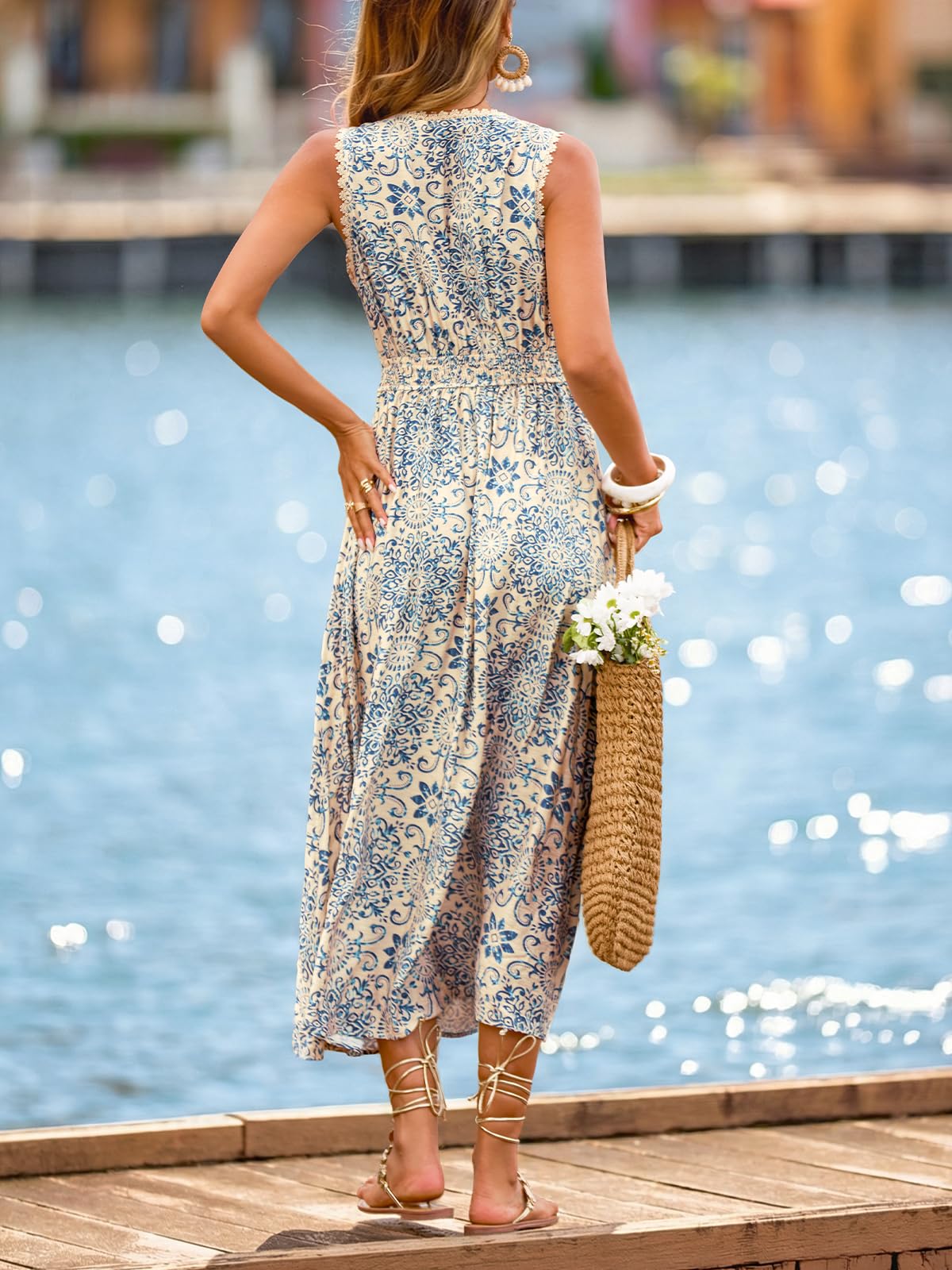 CUPSHE Women's Paisley Floral Maxi Sundress Sleeveless V Neck Lace Trim Dress Summer Vacation Beach Belted Flowy Dresses thumbnail