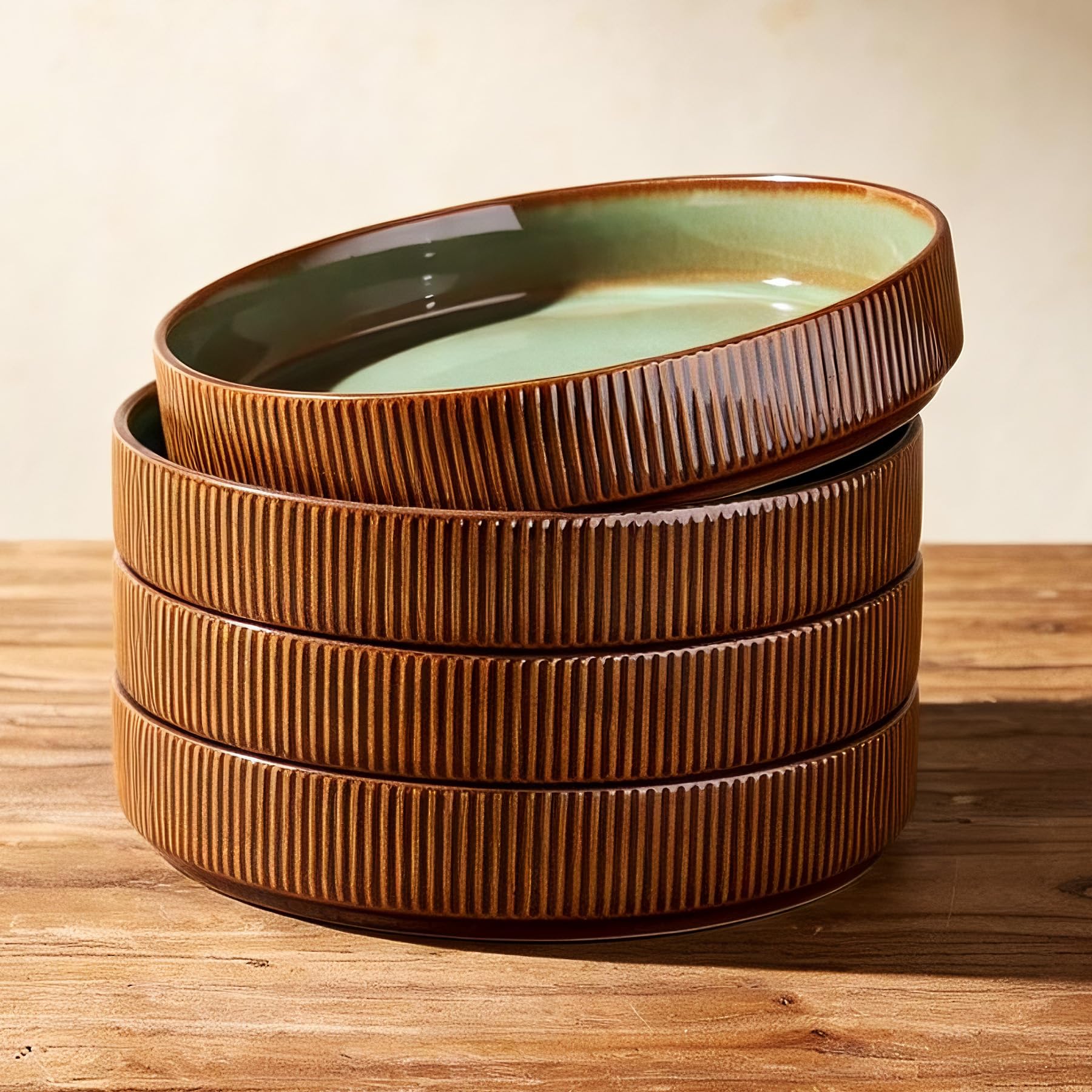 famiware Star 8.1" Reactive Glaze Pasta Bowls Set of 4, Moss Cocoa