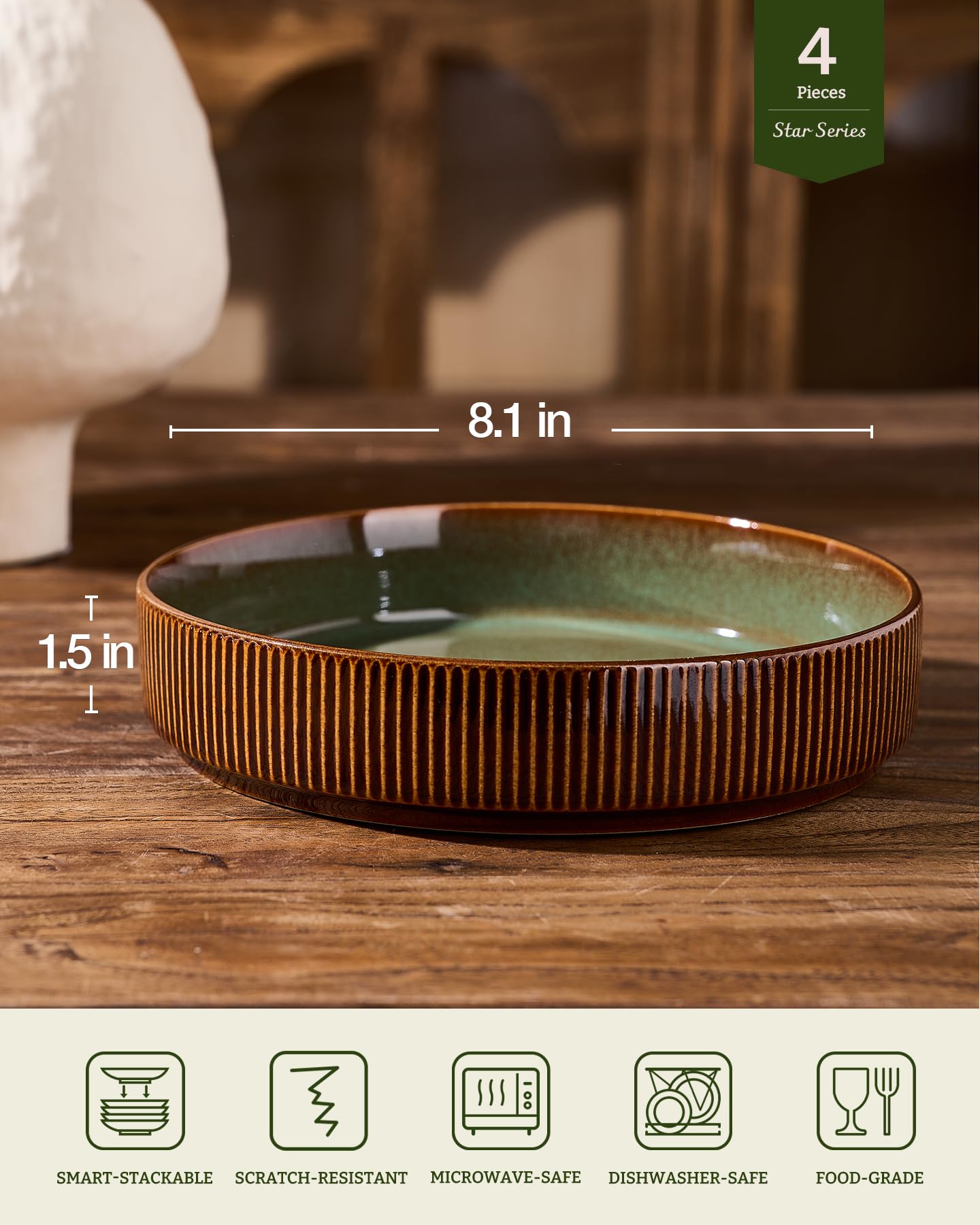 famiware Star 8.1" Reactive Glaze Pasta Bowls Set of 4, Moss Cocoa thumbnail
