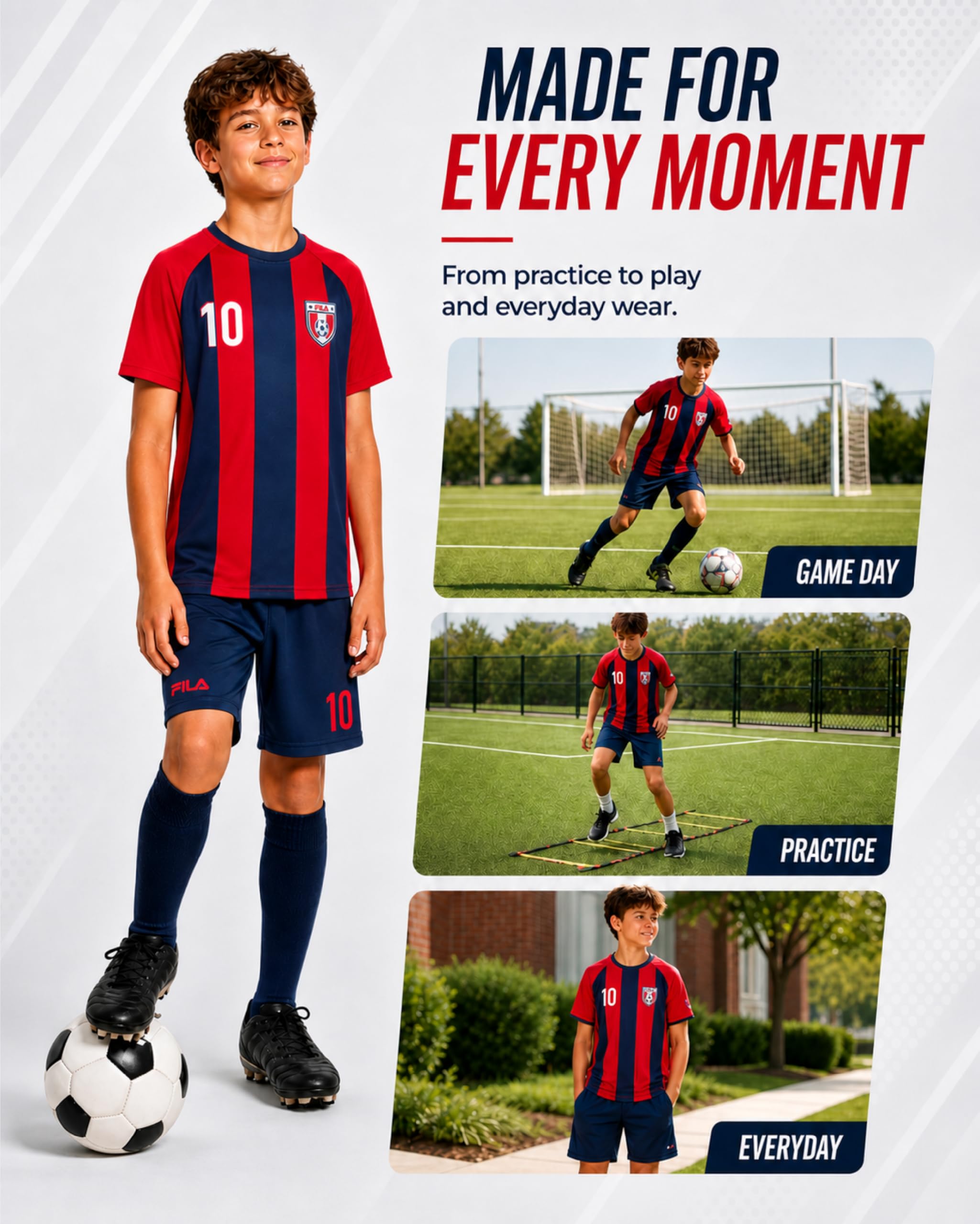 Fila Boys Soccer Jersey Shorts Set - 2 Piece Youth Sports Soccer Jersey Kids Boys Athletic Shorts & Graphic Tees (Size: 4-12) thumbnail