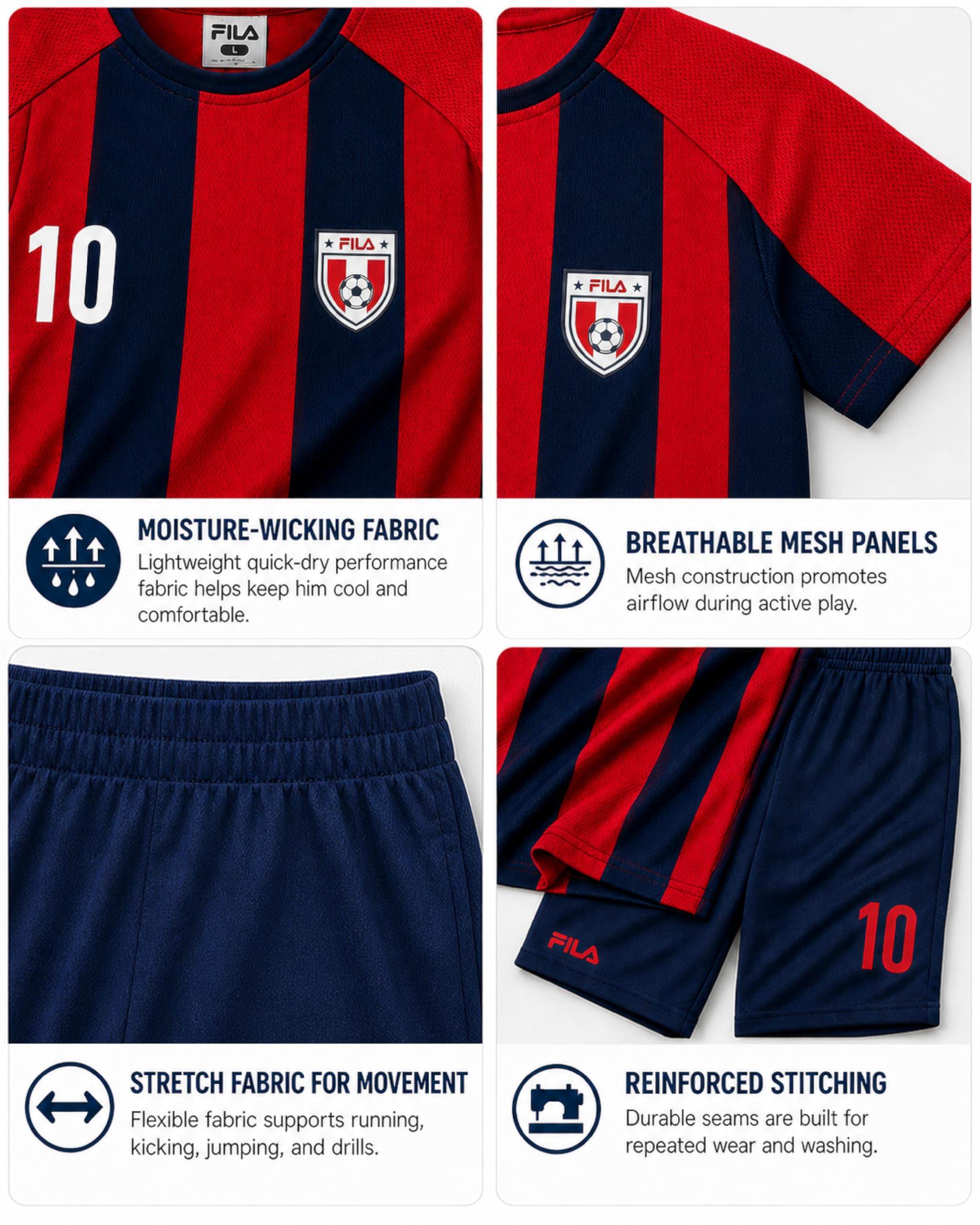 Fila Boys Soccer Jersey Shorts Set - 2 Piece Youth Sports Soccer Jersey Kids Boys Athletic Shorts & Graphic Tees (Size: 4-12) thumbnail