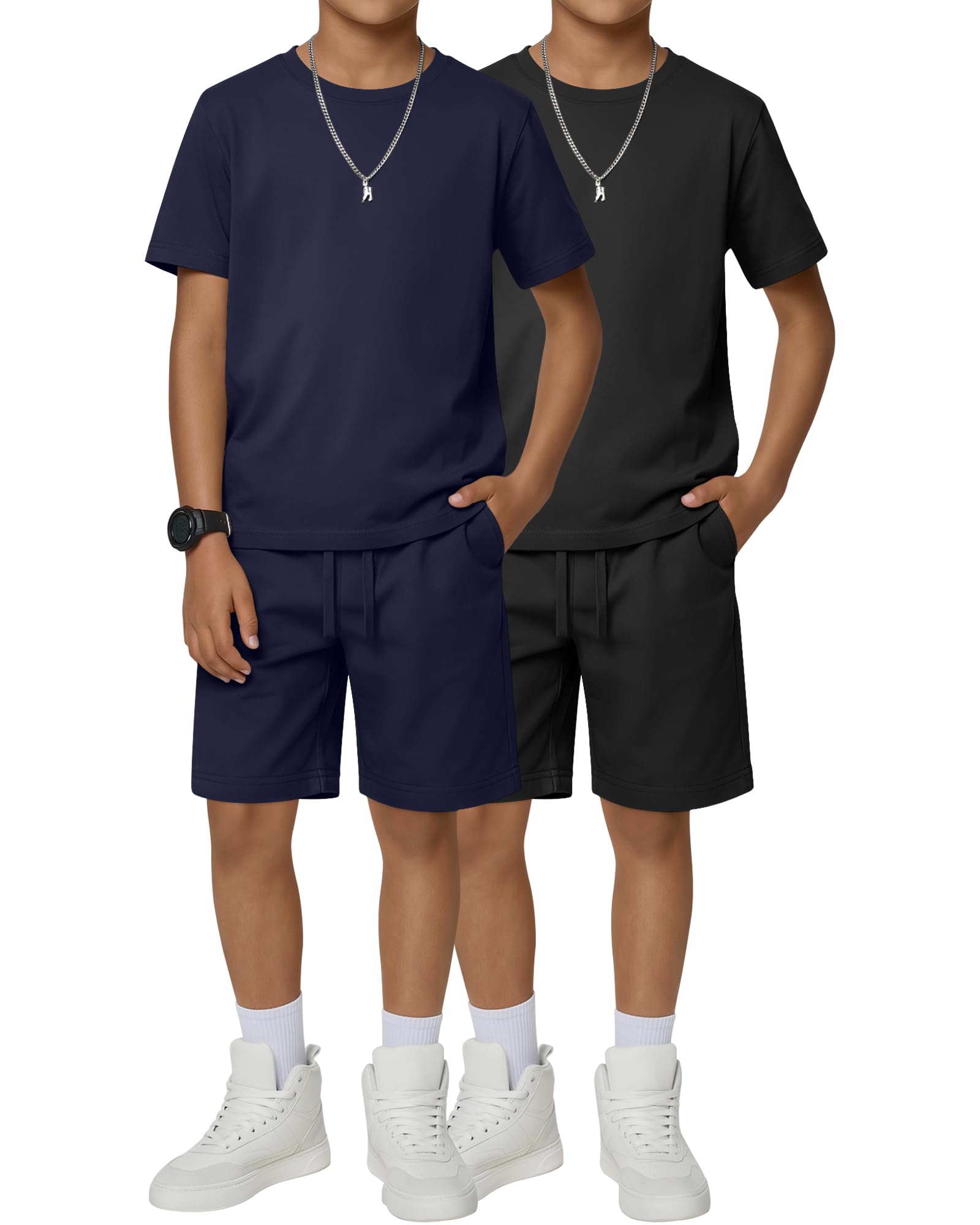 2 Pack Boy's 2 Piece Outfits Crew Neck Shirts and Shorts Sets Summer Casual Clothes 5-14 Years