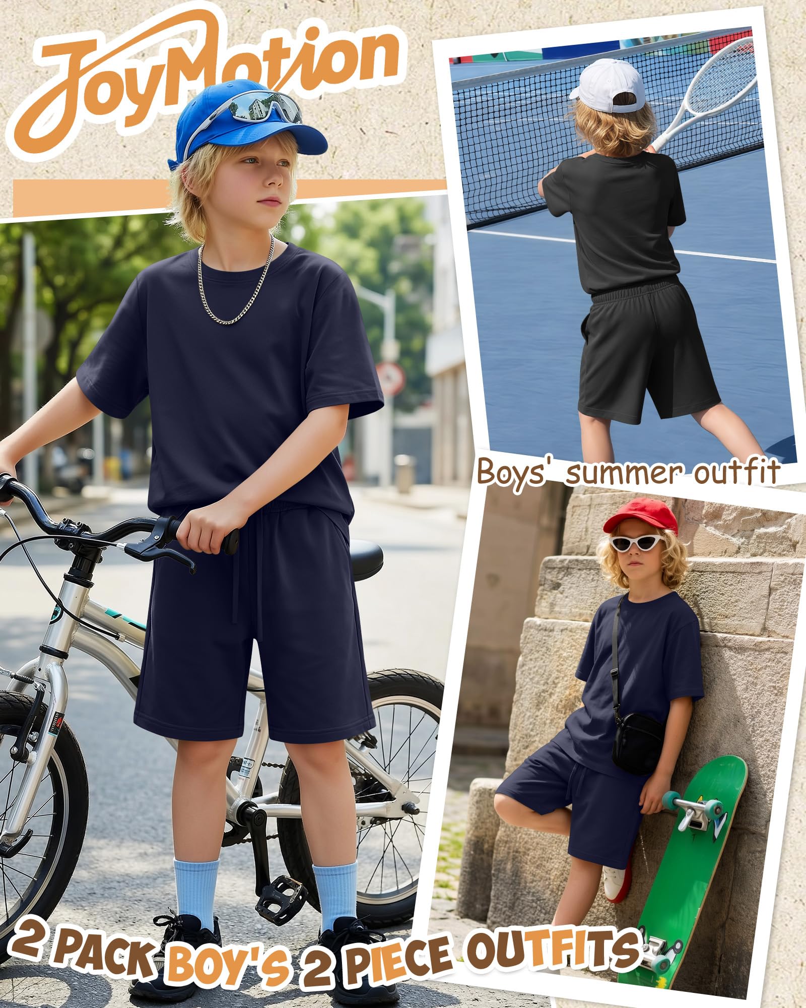 2 Pack Boy's 2 Piece Outfits Crew Neck Shirts and Shorts Sets Summer Casual Clothes 5-14 Years thumbnail