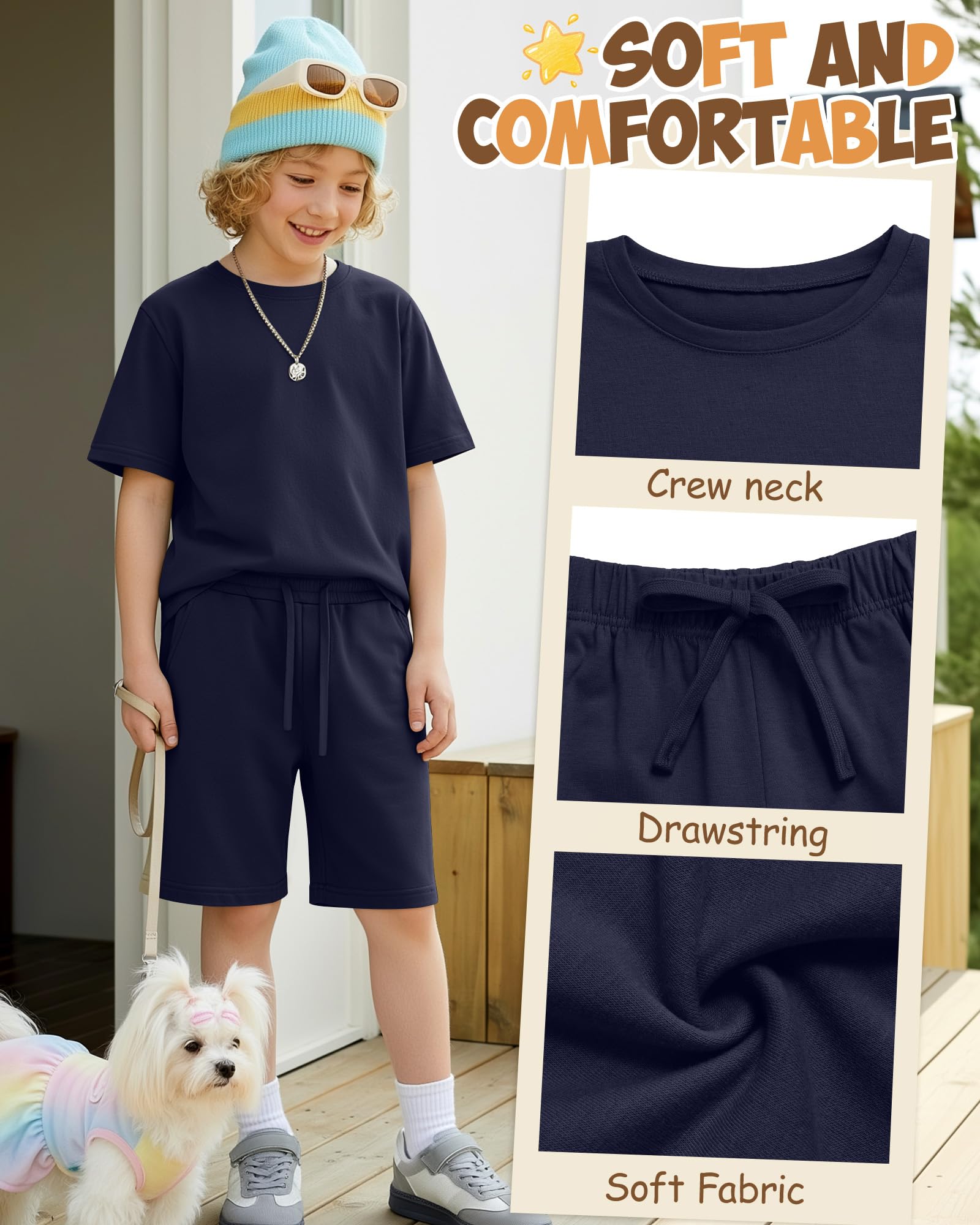 2 Pack Boy's 2 Piece Outfits Crew Neck Shirts and Shorts Sets Summer Casual Clothes 5-14 Years thumbnail
