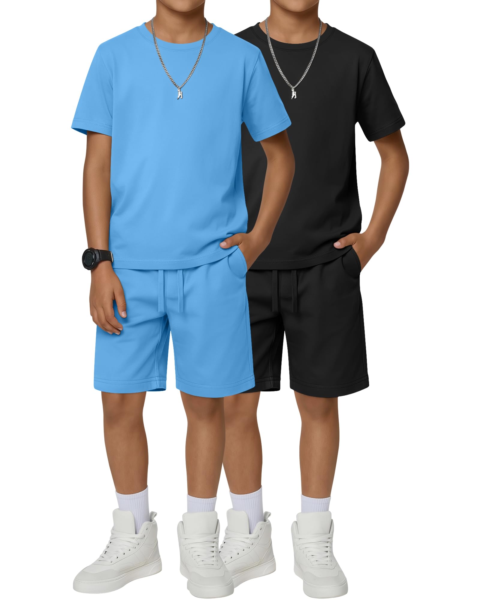 2 Pack Boy's 2 Piece Outfits Crew Neck Shirts and Shorts Sets Summer Casual Clothes 5-14 Years thumbnail