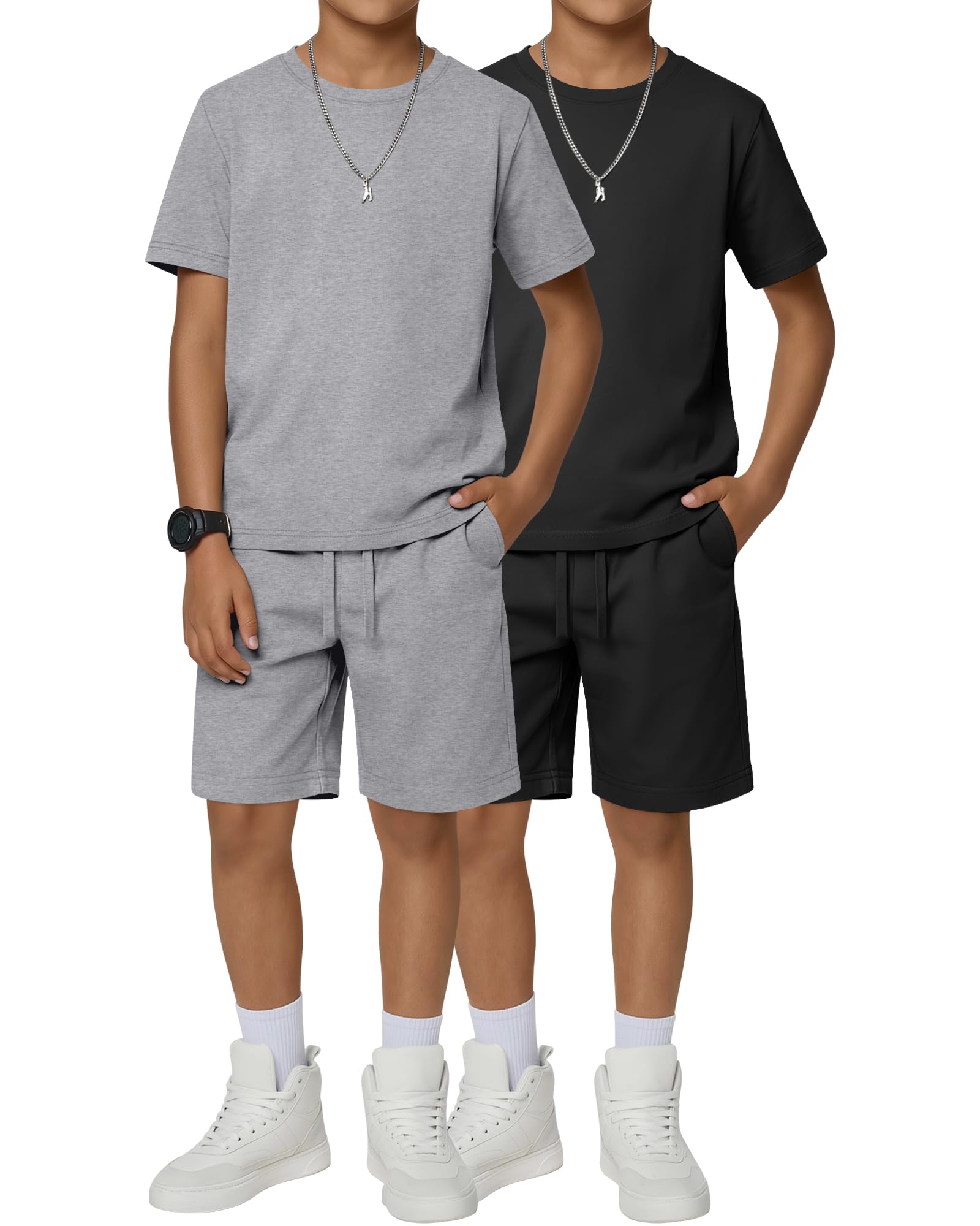 2 Pack Boy's 2 Piece Outfits Crew Neck Shirts and Shorts Sets Summer Casual Clothes 5-14 Years thumbnail