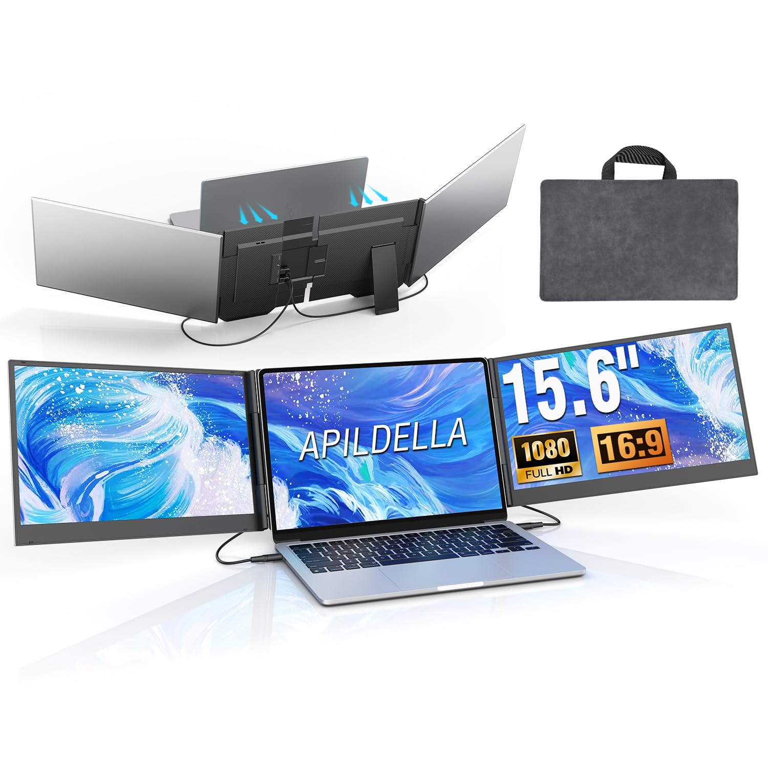 APILDELLA 15.6’’ Triple Laptop Screen Extender, 1080P FHD Portable Dual Monitor for Laptop USB C HDMI, Plug-Play Monitor Extender for Triple Display for Mac/Windows, Fit 13”-17.3” Laptops