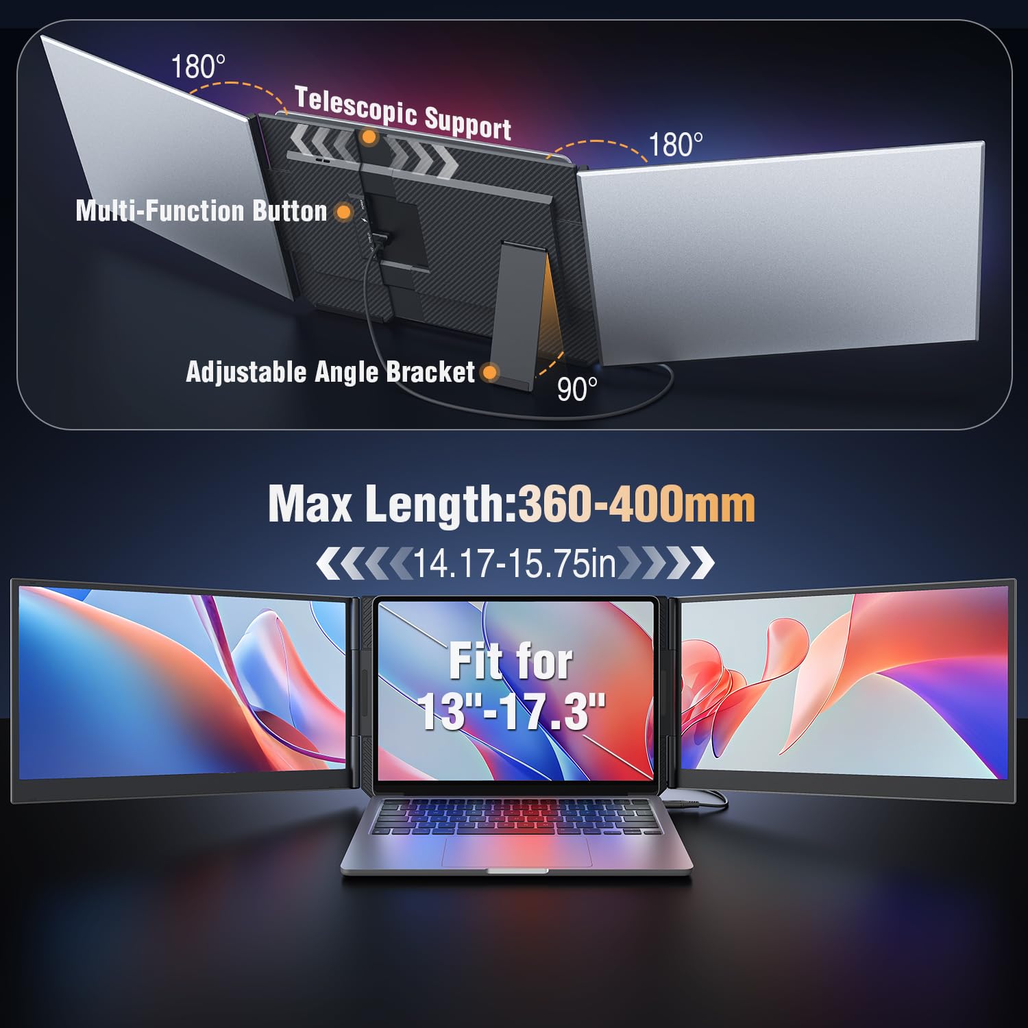 APILDELLA 15.6’’ Triple Laptop Screen Extender, 1080P FHD Portable Dual Monitor for Laptop USB C HDMI, Plug-Play Monitor Extender for Triple Display for Mac/Windows, Fit 13”-17.3” Laptops thumbnail