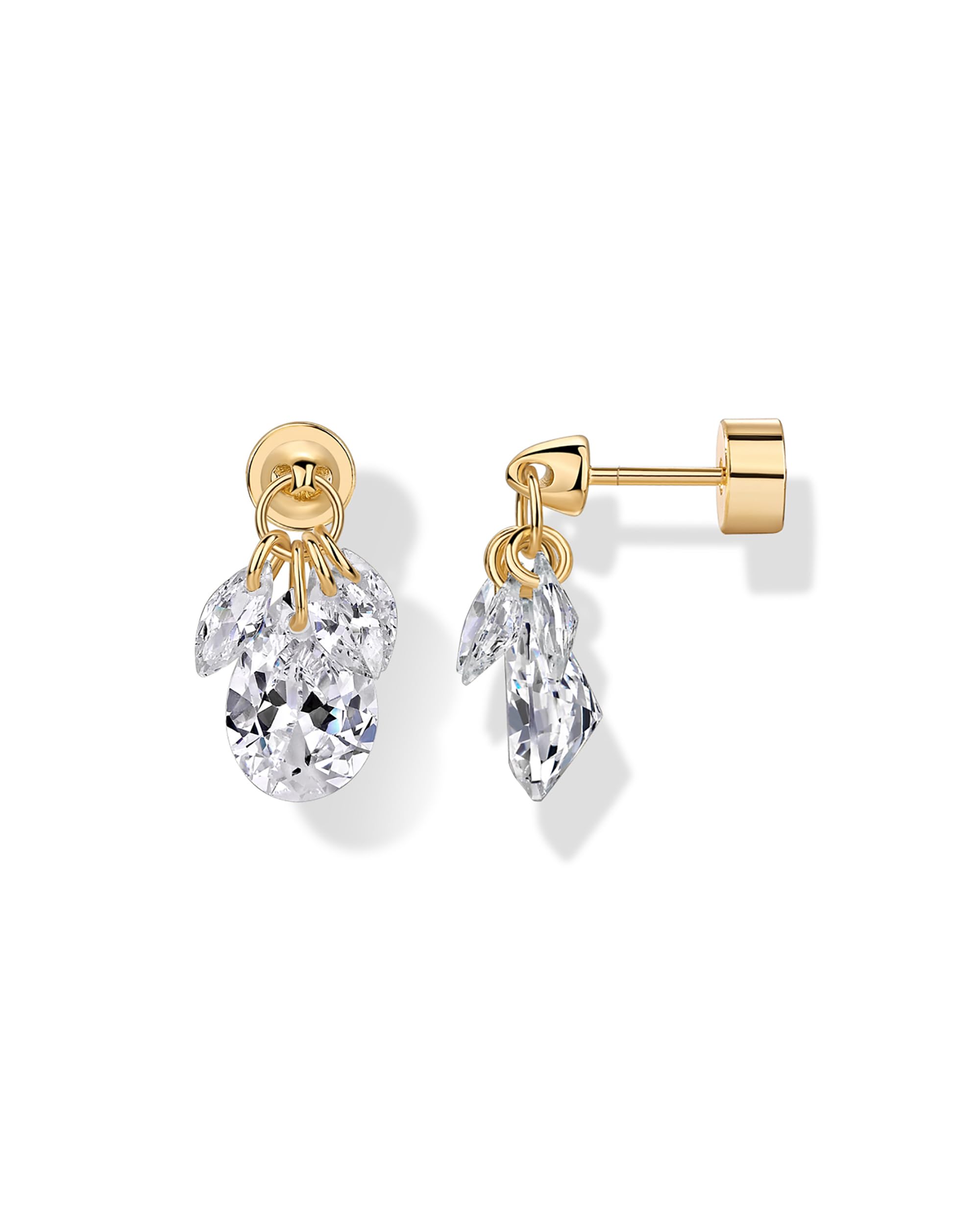 PAVOI 14K Gold Plated Dangle Flat Back Earrings for Women | Helix and Cartilage Pearl Cluster Triangle Lotus Pear Marquise Cubic Zirconia Screw Back Earring Pair