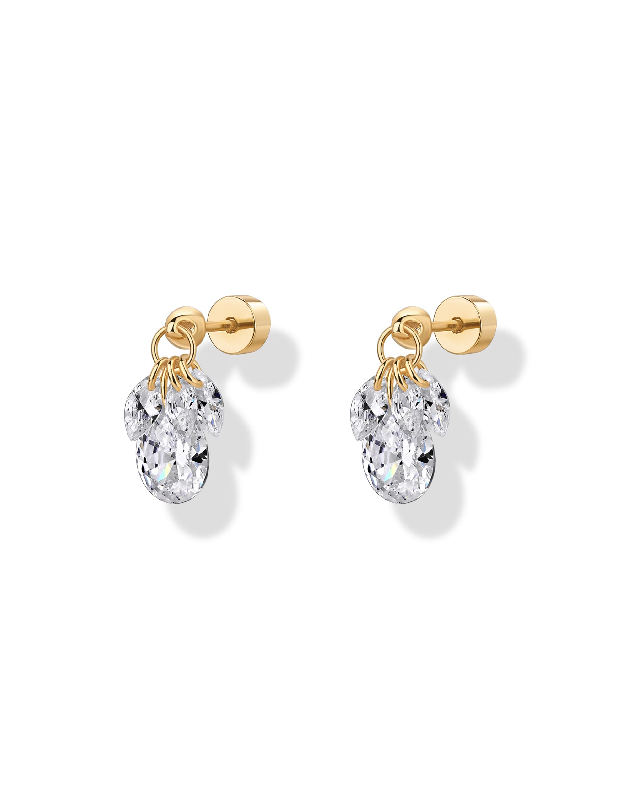 PAVOI 14K Gold Plated Dangle Flat Back Earrings for Women | Helix and Cartilage Pearl Cluster Triangle Lotus Pear Marquise Cubic Zirconia Screw Back Earring Pair thumbnail