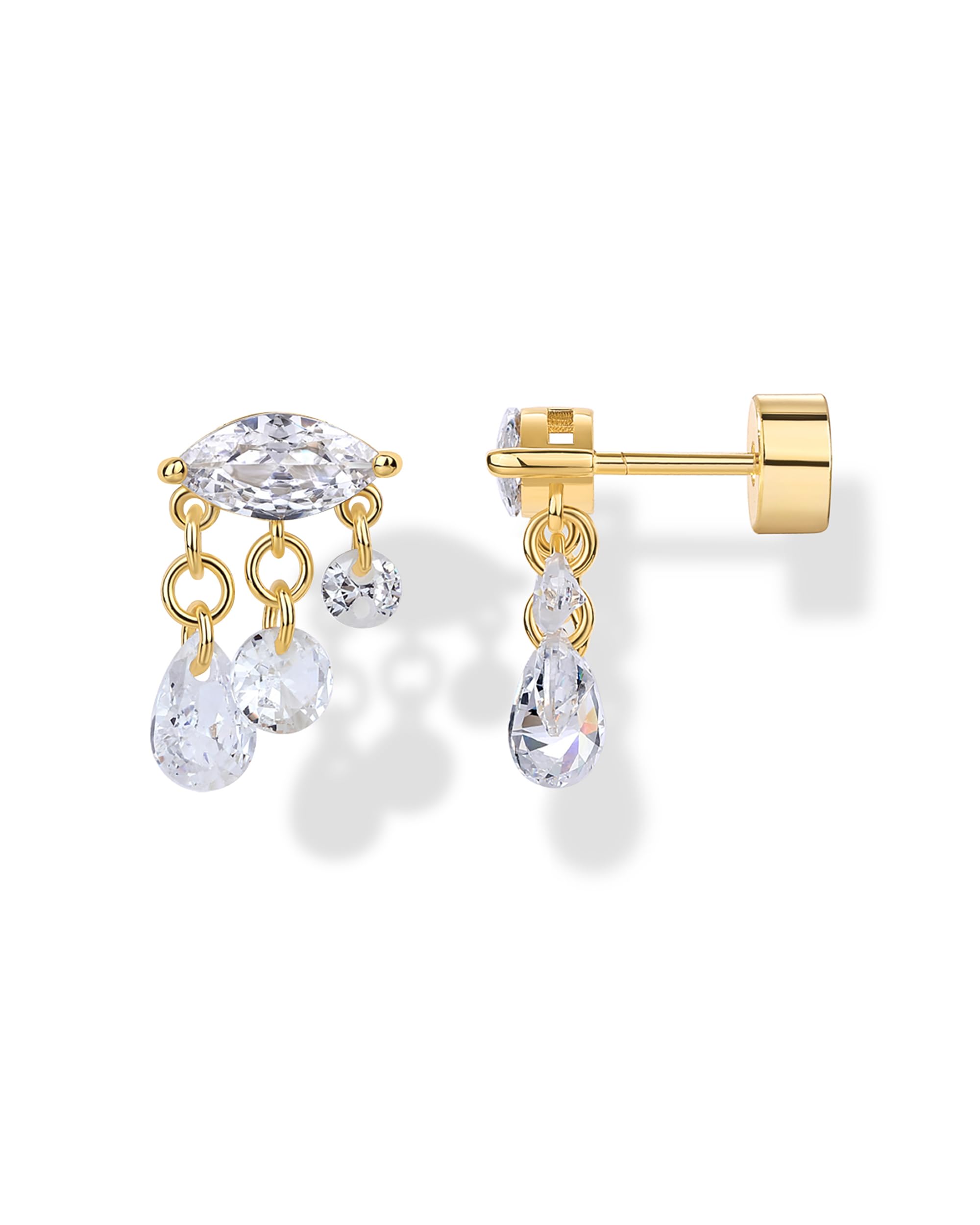 PAVOI 14K Gold Plated Dangle Flat Back Earrings for Women | Helix and Cartilage Pearl Cluster Triangle Lotus Pear Marquise Cubic Zirconia Screw Back Earring Pair thumbnail
