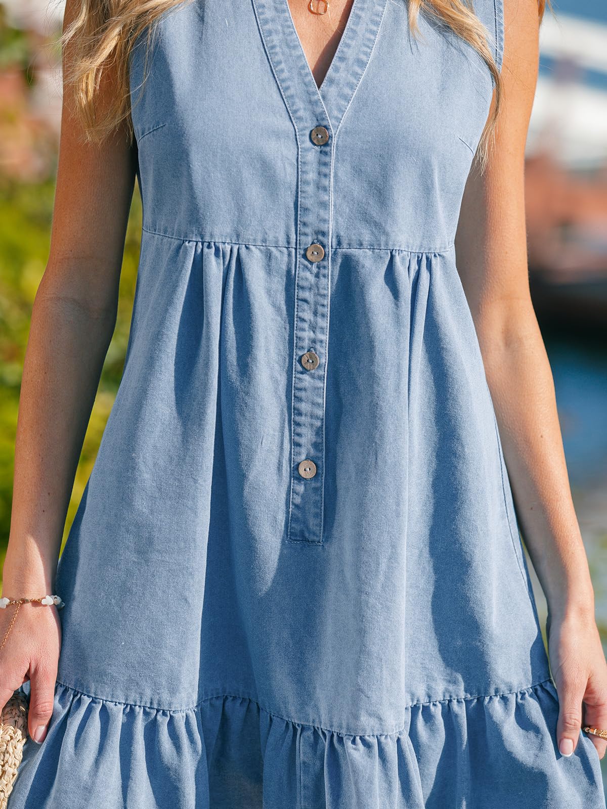 CUPSHE Women Summer Dress Notched V Neck Front Button Denim Dress Sleeveless Ruffle Hem Beach Vacation Mini Sun Dress thumbnail