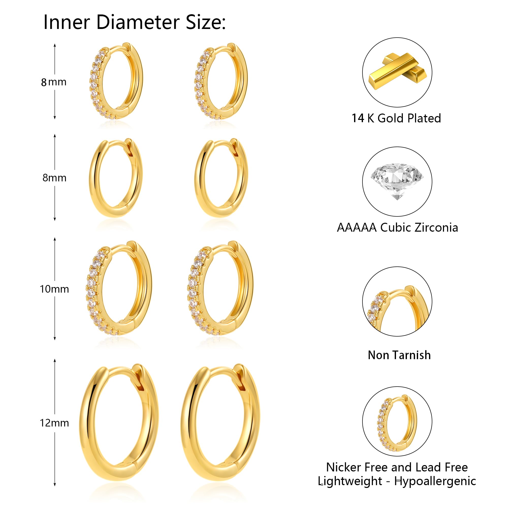 4 Pair Small Gold Hoop Earrings for Women Sensitive Ears - Hypoallergenic 14k Real Gold Plated Hoops Zirconia Cartilage Huggie Earrings Set Helix Piercing Earring Gold Jewelry for Women Gift thumbnail