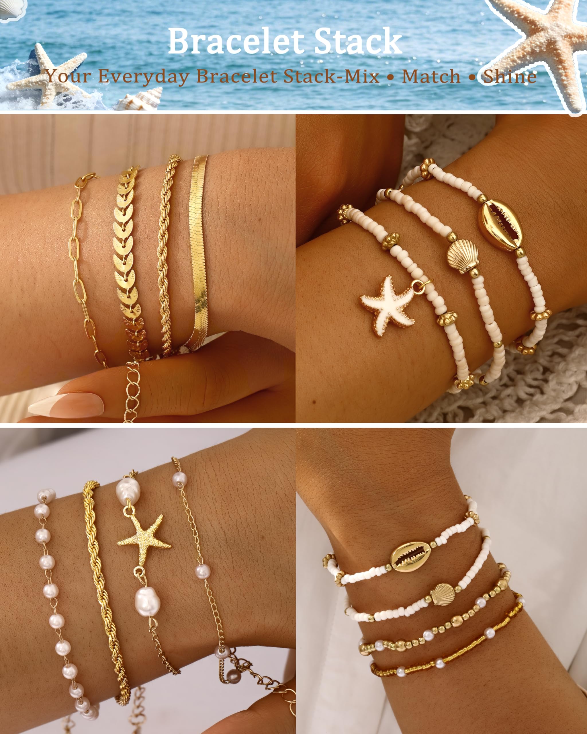 FAXHION Boho Gold Beaded Bracelets for Women, Starfish & Shell Pendant Bracelet Stack, Gold Bracelet Set Summer Beach Jewelry Gifts thumbnail