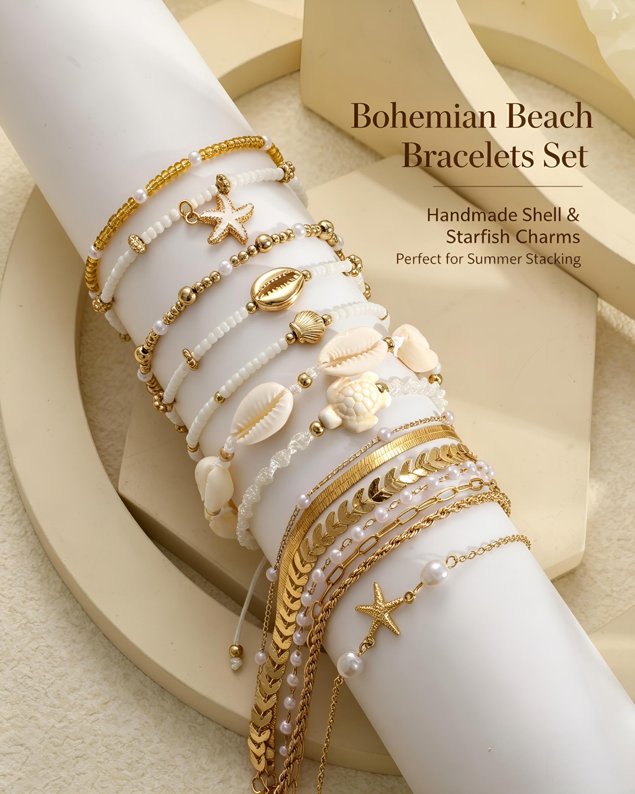 FAXHION Boho Gold Beaded Bracelets for Women, Starfish & Shell Pendant Bracelet Stack, Gold Bracelet Set Summer Beach Jewelry Gifts thumbnail