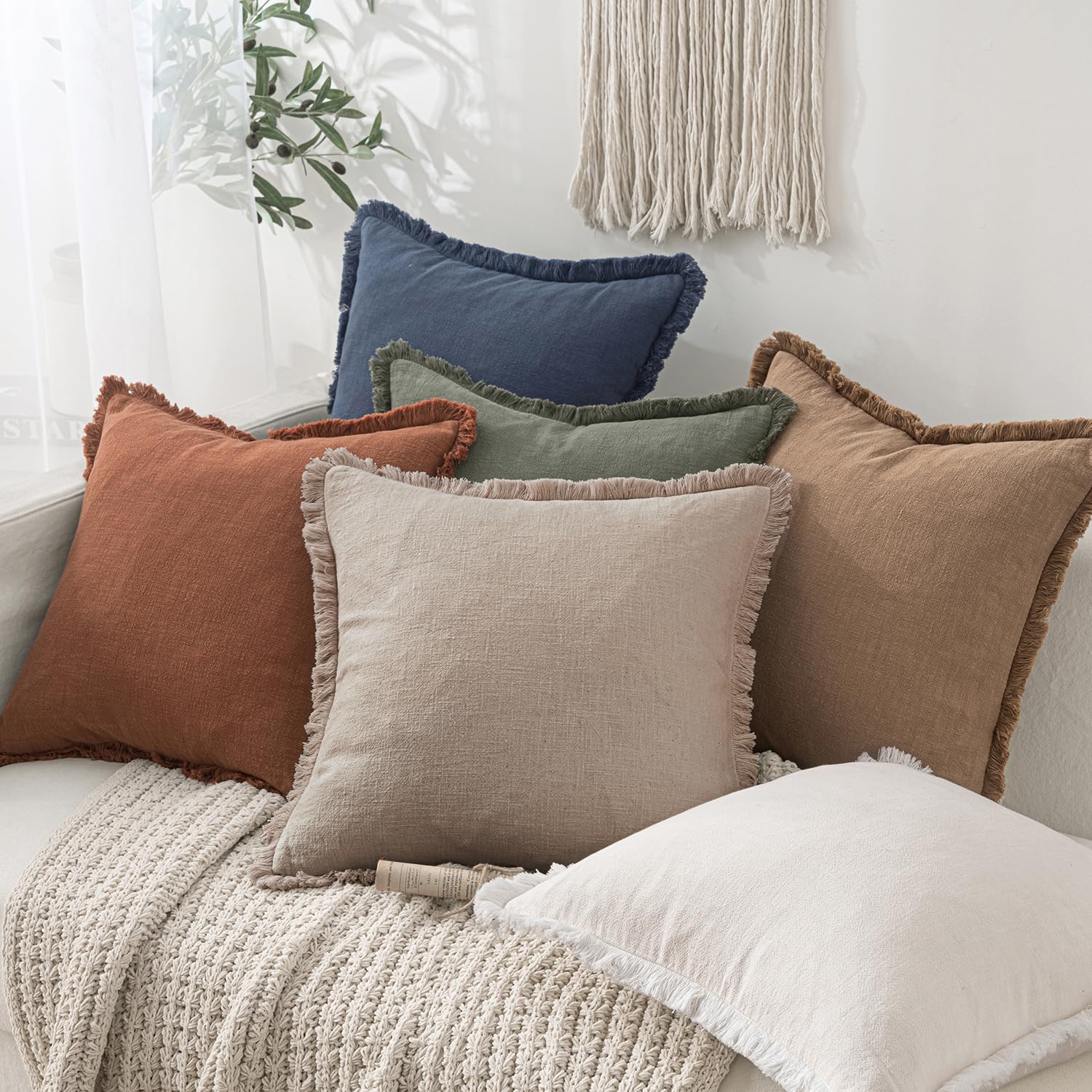 MIULEE Decorative Throw Pillow Covers Neutral Linen Fringe Throw Pillows Set of 2 Natural Linen Boho Farmhouse Cushion Covers with Tassels for Couch Sofa Bed Spring Home Decor 18x18 Inch thumbnail