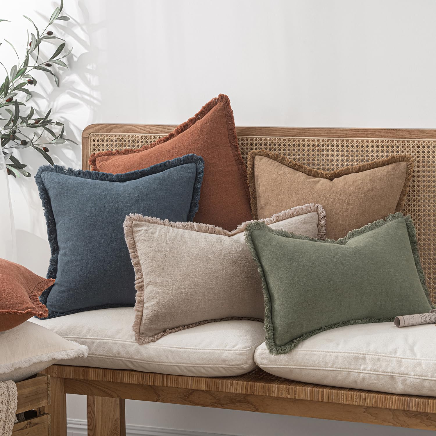 MIULEE Decorative Throw Pillow Covers Neutral Linen Fringe Throw Pillows Set of 2 Natural Linen Boho Farmhouse Cushion Covers with Tassels for Couch Sofa Bed Spring Home Decor 18x18 Inch thumbnail