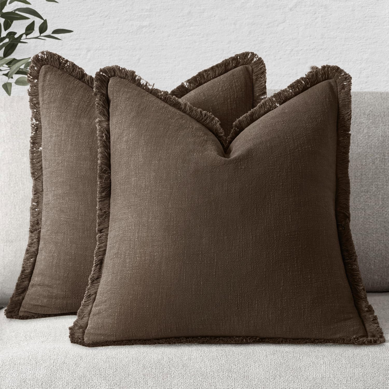 MIULEE Decorative Throw Pillow Covers Neutral Linen Fringe Throw Pillows Set of 2 Natural Linen Boho Farmhouse Cushion Covers with Tassels for Couch Sofa Bed Spring Home Decor 18x18 Inch thumbnail