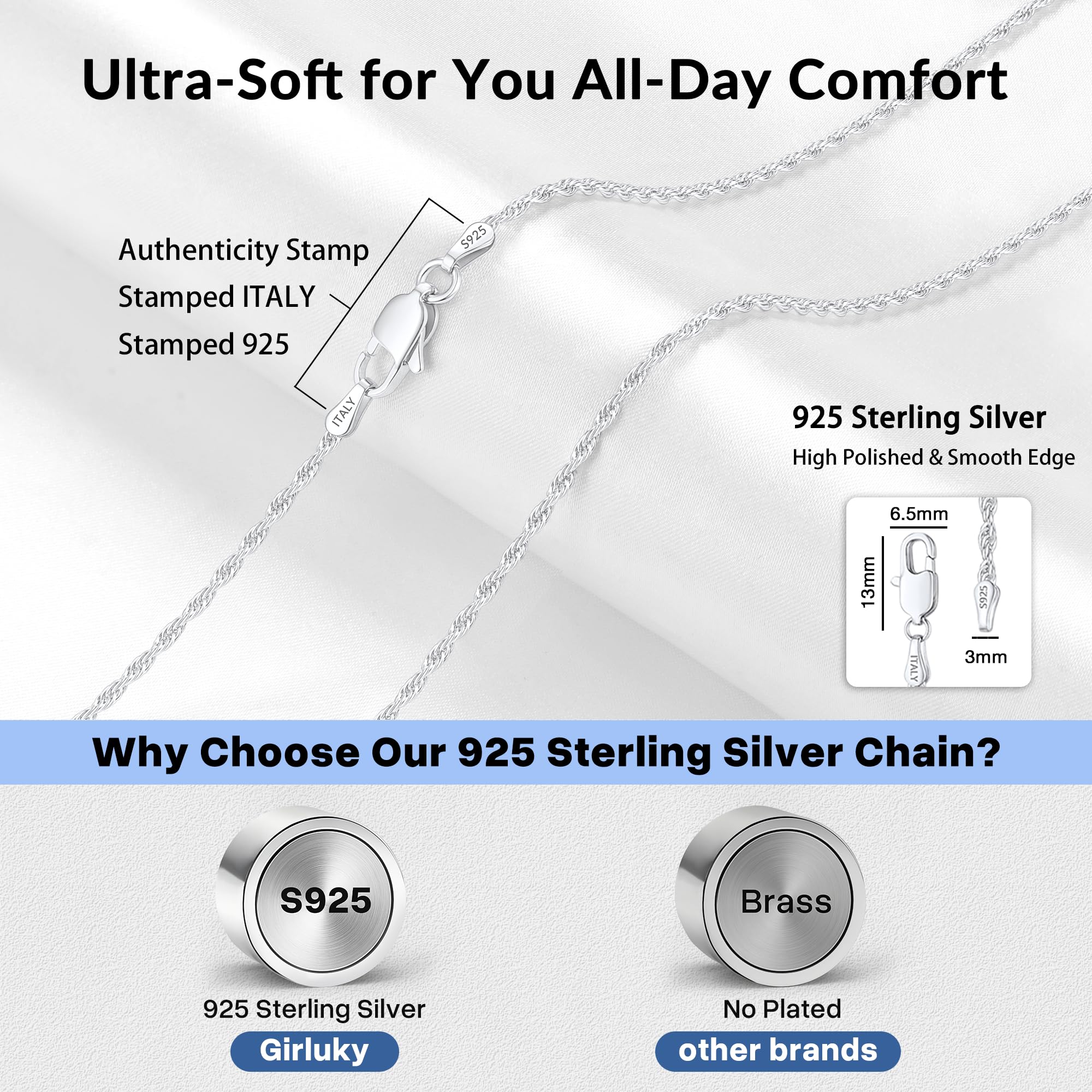 1.5mm 2mm Rope Chain 925 Sterling Silver Chain Necklace for Women, Durable Sturdy Women's Chains Necklace, 16 18 20 22 24 26 Inch thumbnail