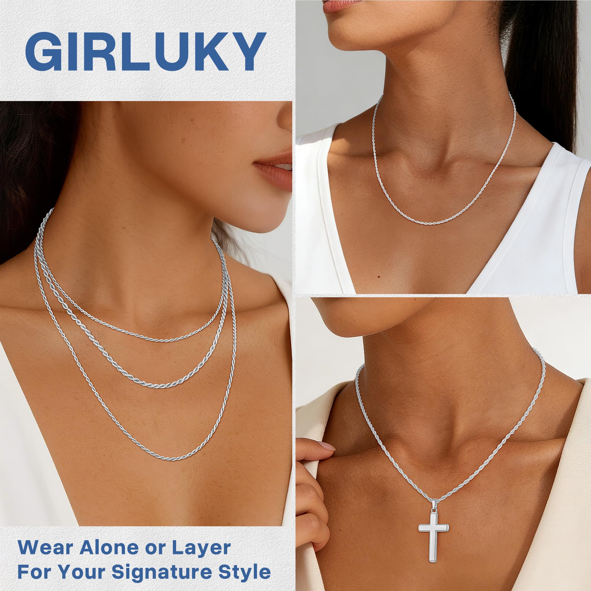 1.5mm 2mm Rope Chain 925 Sterling Silver Chain Necklace for Women, Durable Sturdy Women's Chains Necklace, 16 18 20 22 24 26 Inch thumbnail