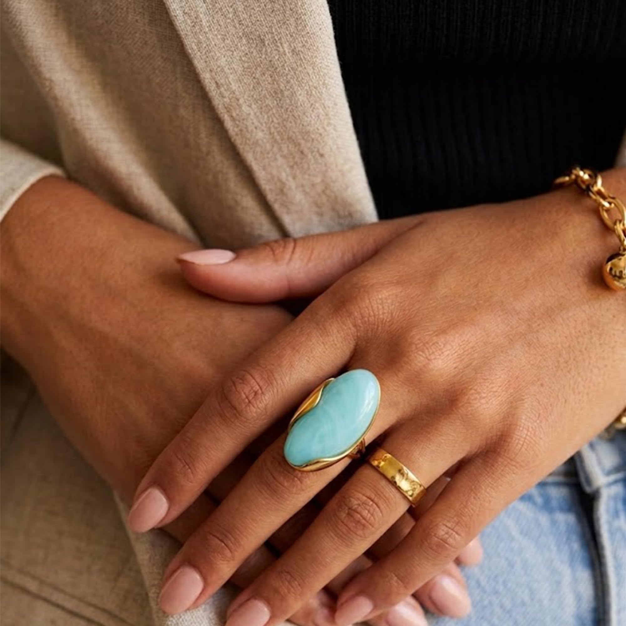 Mchic Colorful Chunky Statement Ring for Women: Boho Large Oval Acrylic Finger Ring Stainless Steel Adjustable Beach Summer Y2K Handmade Jewelry Gift for Women thumbnail