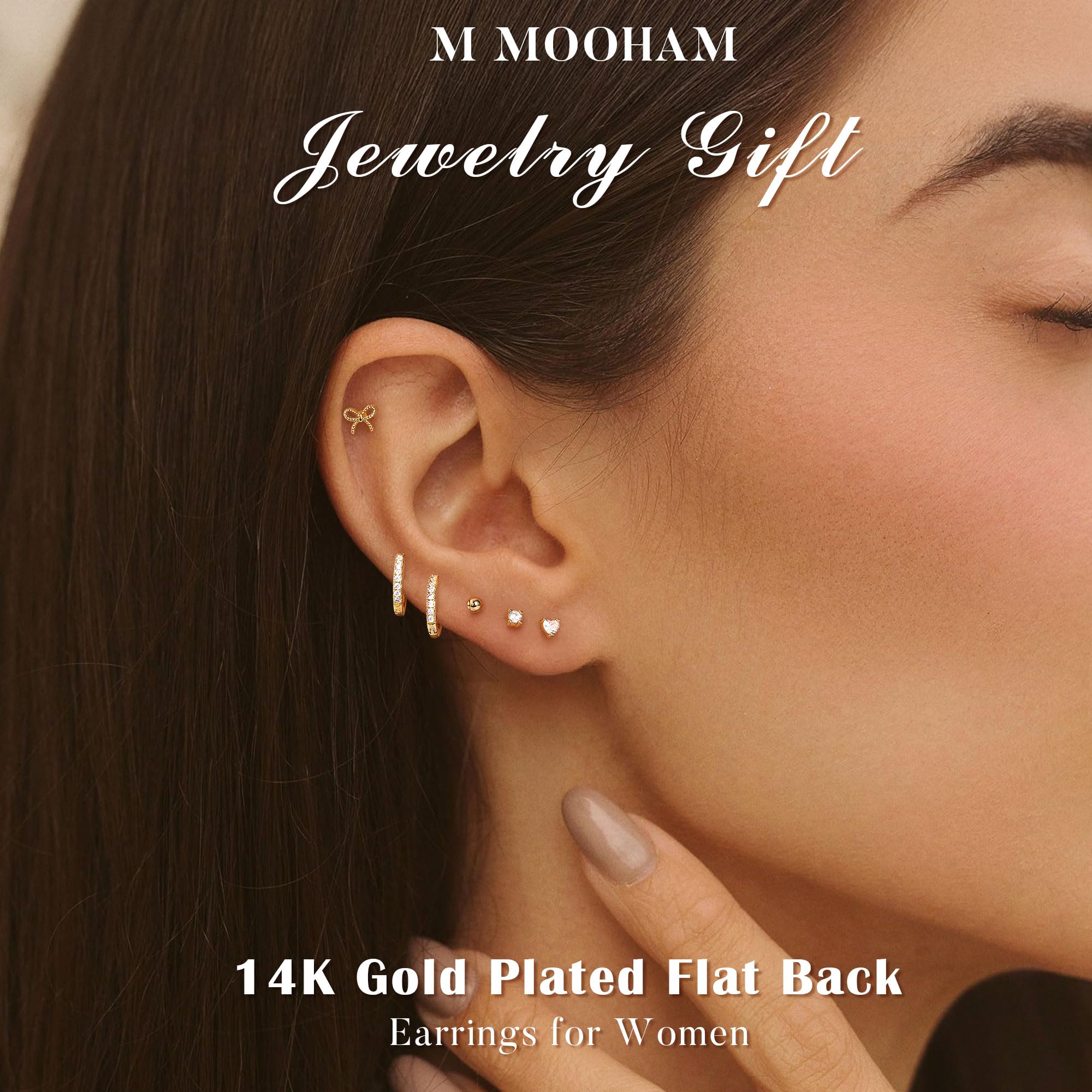 M MOOHAM Hypoallergenic Flat Back Earring Stack for Women Teen Girls, 14K Gold Plated Small Huggie Hoop Earrings Trendy Dainty Gold Cartilage Stud Earring Stacks Set Jewelry Gifts for Women Girls thumbnail