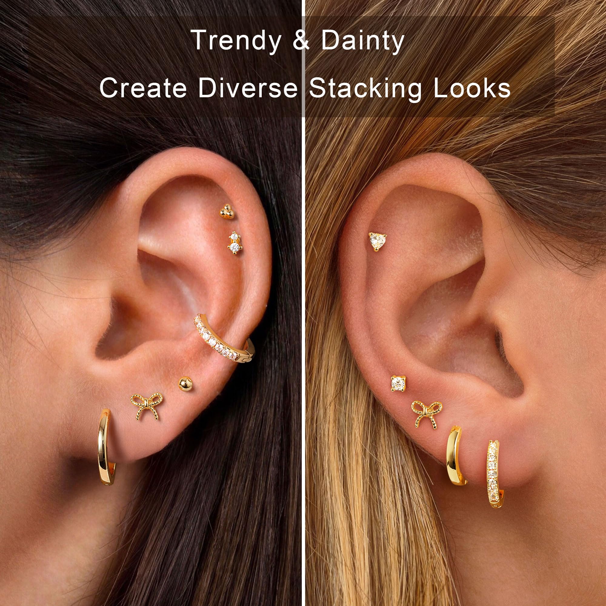 M MOOHAM Hypoallergenic Flat Back Earring Stack for Women Teen Girls, 14K Gold Plated Small Huggie Hoop Earrings Trendy Dainty Gold Cartilage Stud Earring Stacks Set Jewelry Gifts for Women Girls thumbnail