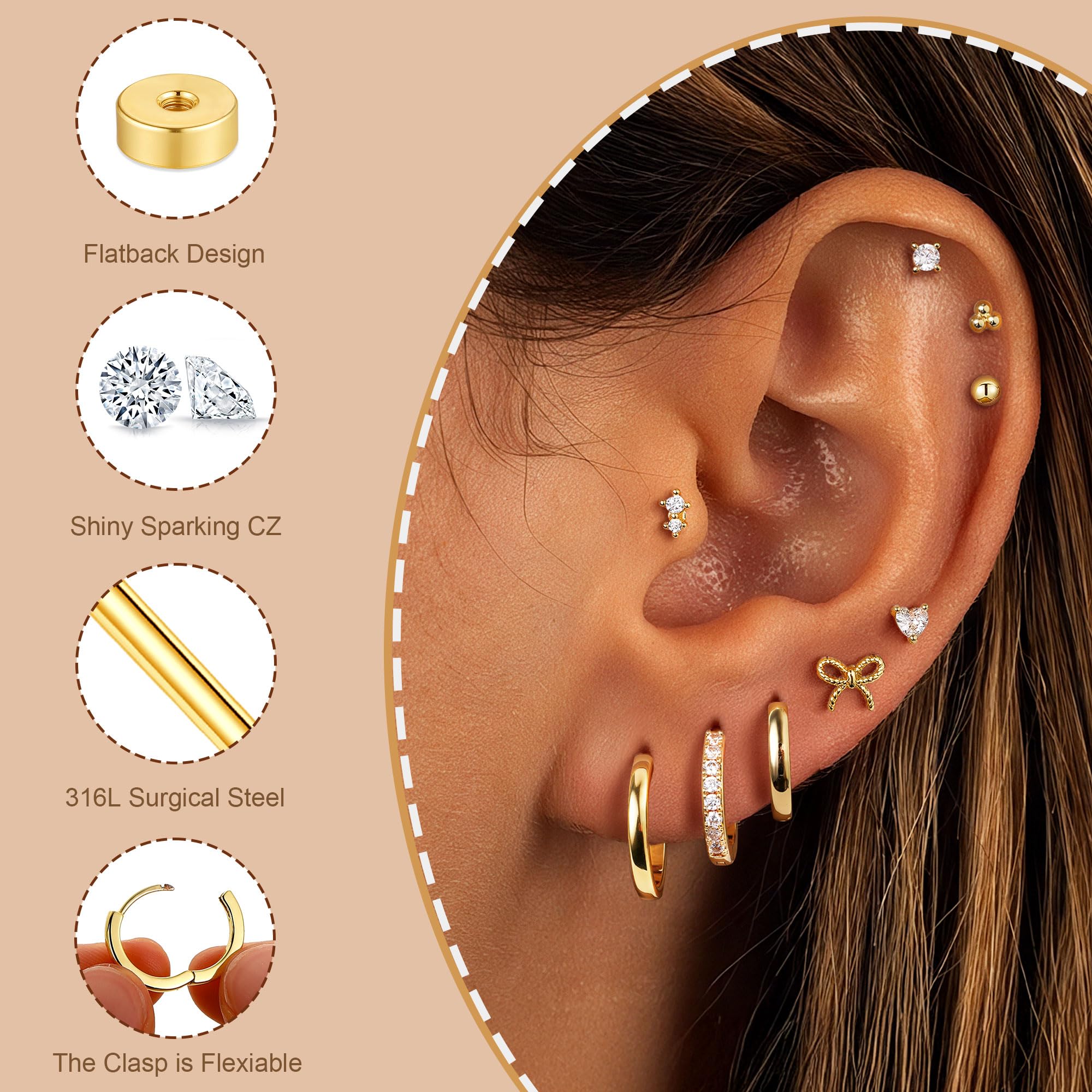 M MOOHAM Hypoallergenic Flat Back Earring Stack for Women Teen Girls, 14K Gold Plated Small Huggie Hoop Earrings Trendy Dainty Gold Cartilage Stud Earring Stacks Set Jewelry Gifts for Women Girls thumbnail