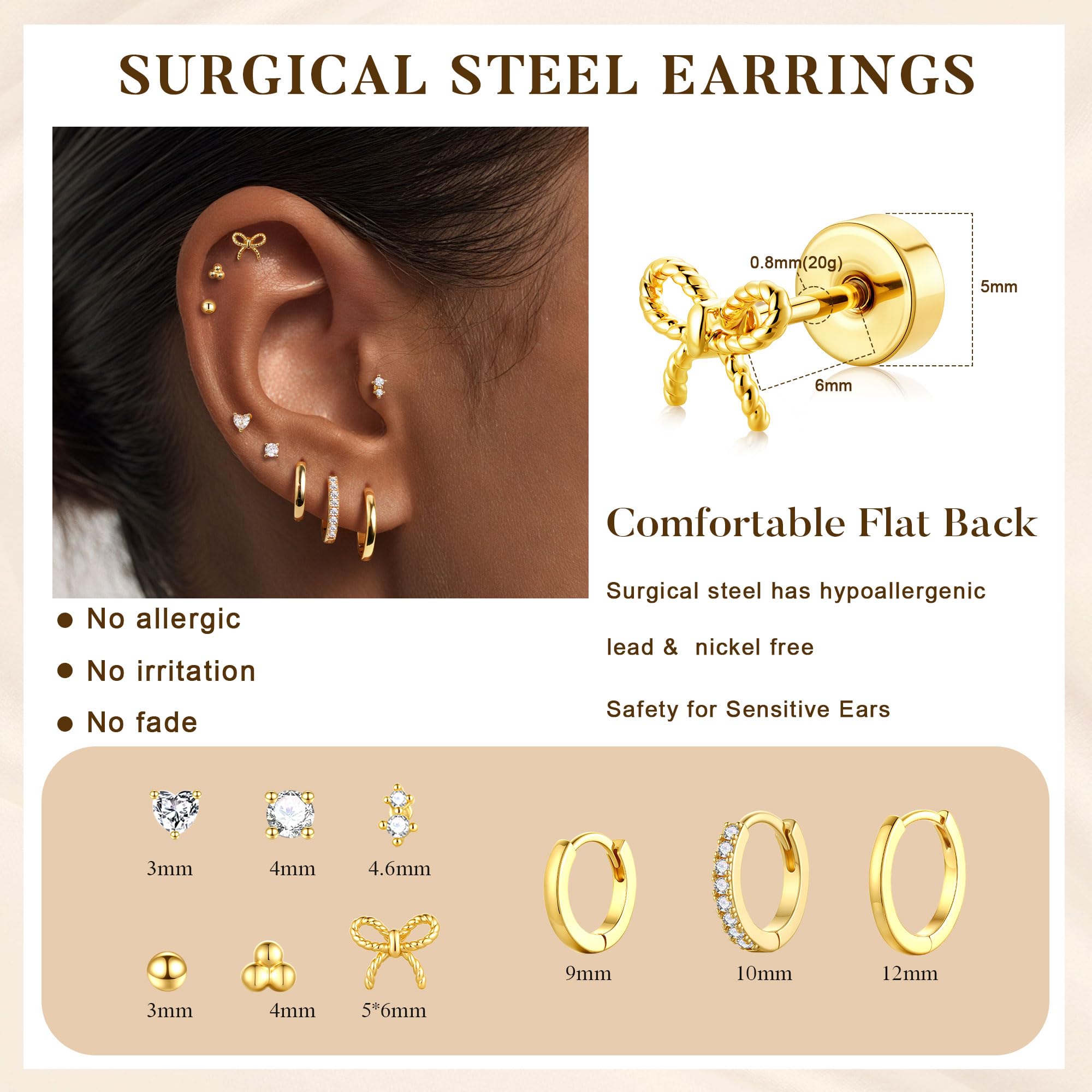 M MOOHAM Hypoallergenic Flat Back Earring Stack for Women Teen Girls, 14K Gold Plated Small Huggie Hoop Earrings Trendy Dainty Gold Cartilage Stud Earring Stacks Set Jewelry Gifts for Women Girls thumbnail