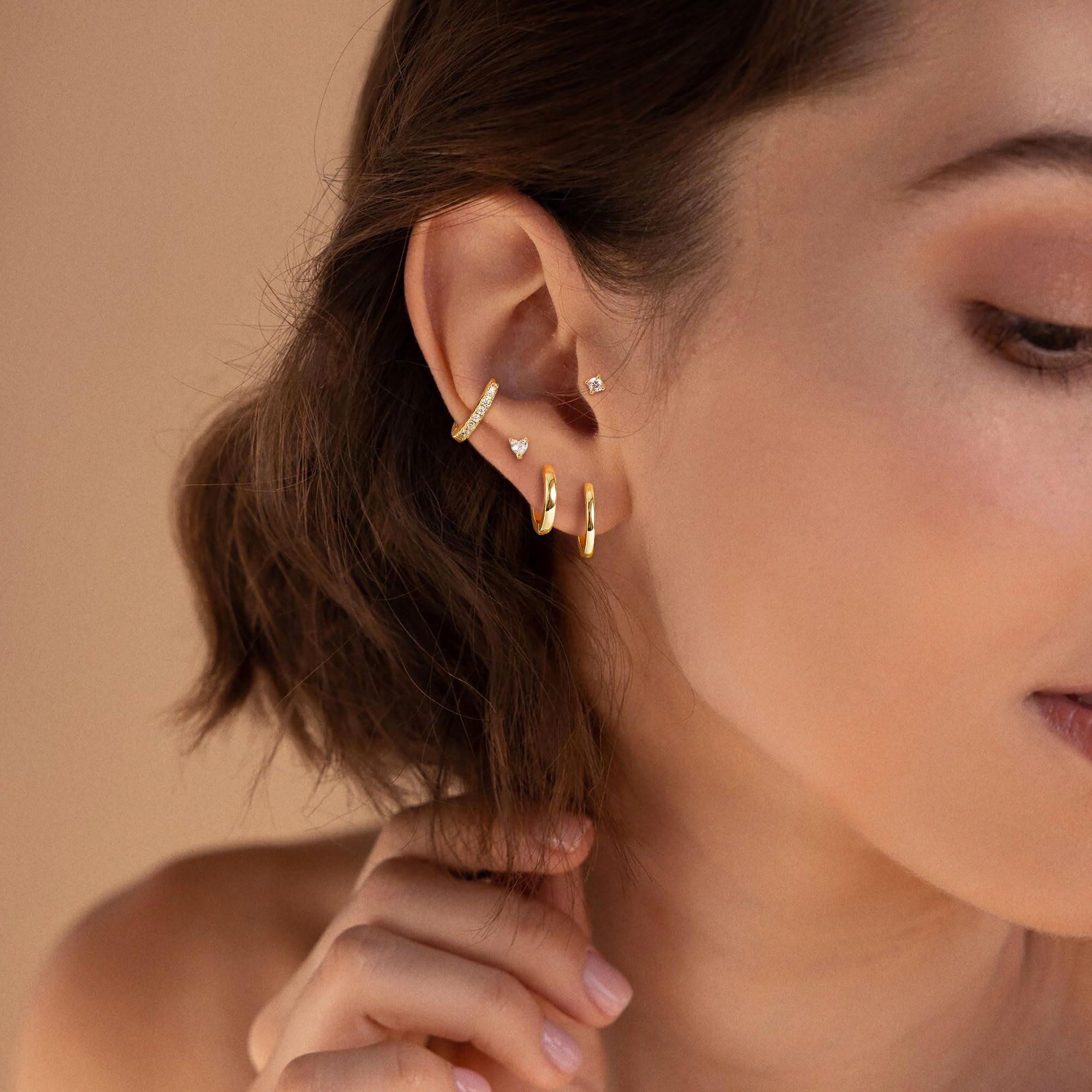 M MOOHAM Hypoallergenic Flat Back Earring Stack for Women Teen Girls, 14K Gold Plated Small Huggie Hoop Earrings Trendy Dainty Gold Cartilage Stud Earring Stacks Set Jewelry Gifts for Women Girls thumbnail