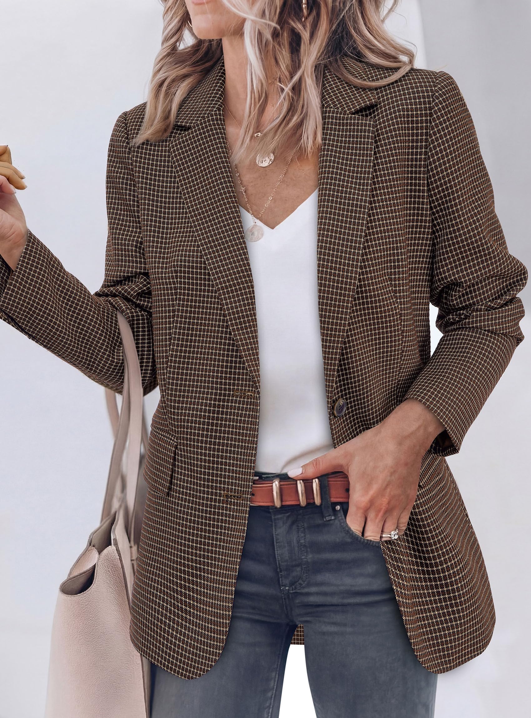 PRETTYGARDEN Fall Blazers for Women Business Casual | Long Sleeve Plaid Houndstooth, Notch Lapel Pockets, Oversized Blazer Outerwear, Trendy Suit Jackets, 2026 Winter Work Outfits thumbnail