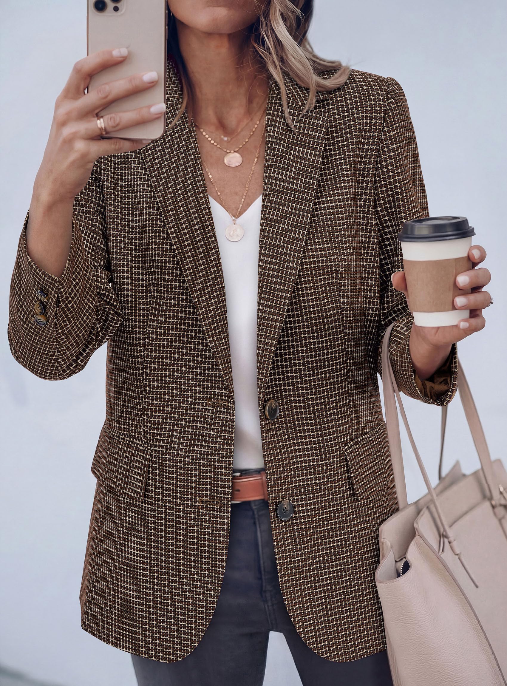PRETTYGARDEN Fall Blazers for Women Business Casual | Long Sleeve Plaid Houndstooth, Notch Lapel Pockets, Oversized Blazer Outerwear, Trendy Suit Jackets, 2026 Winter Work Outfits thumbnail
