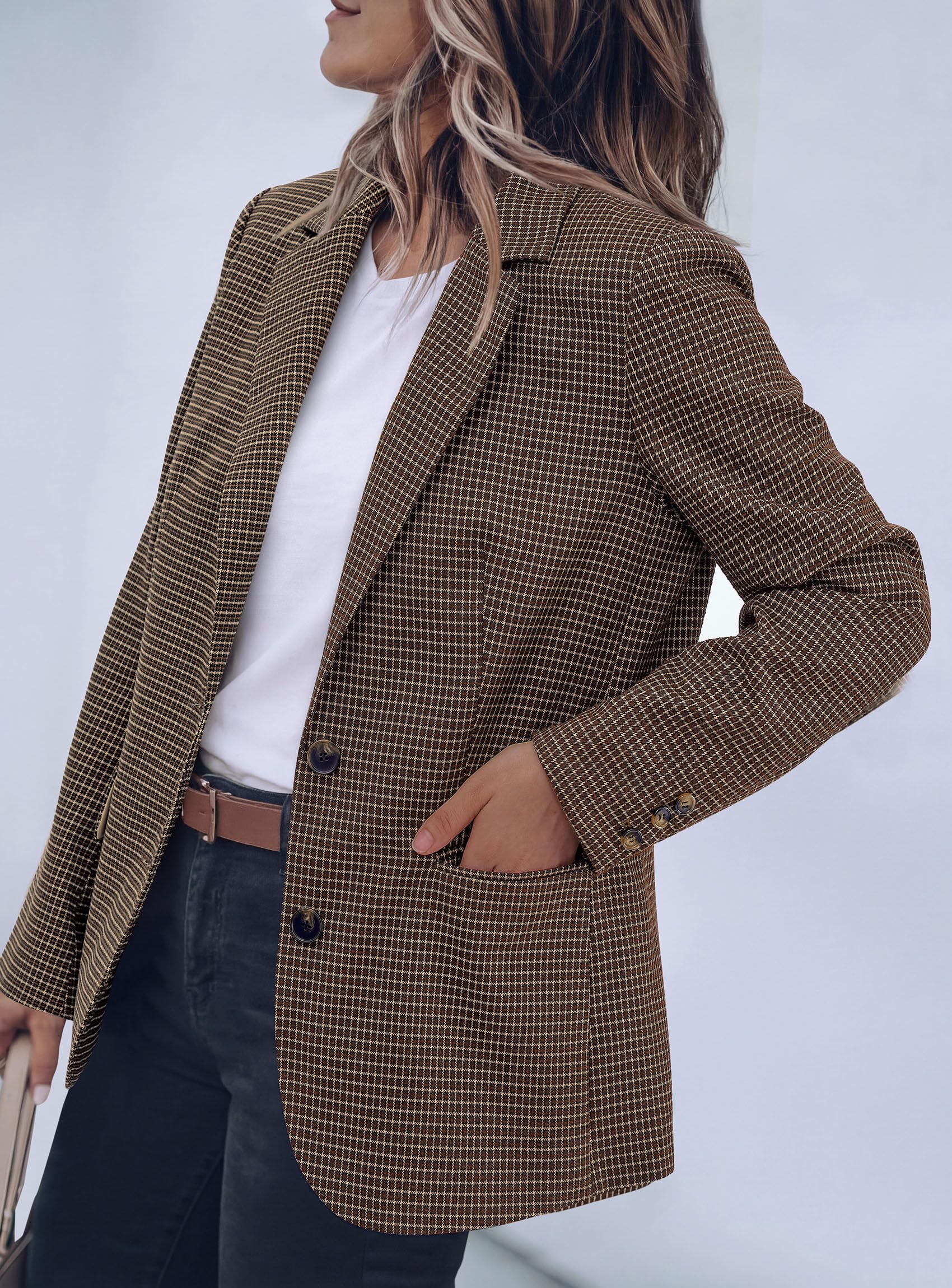 PRETTYGARDEN Fall Blazers for Women Business Casual | Long Sleeve Plaid Houndstooth, Notch Lapel Pockets, Oversized Blazer Outerwear, Trendy Suit Jackets, 2026 Winter Work Outfits thumbnail