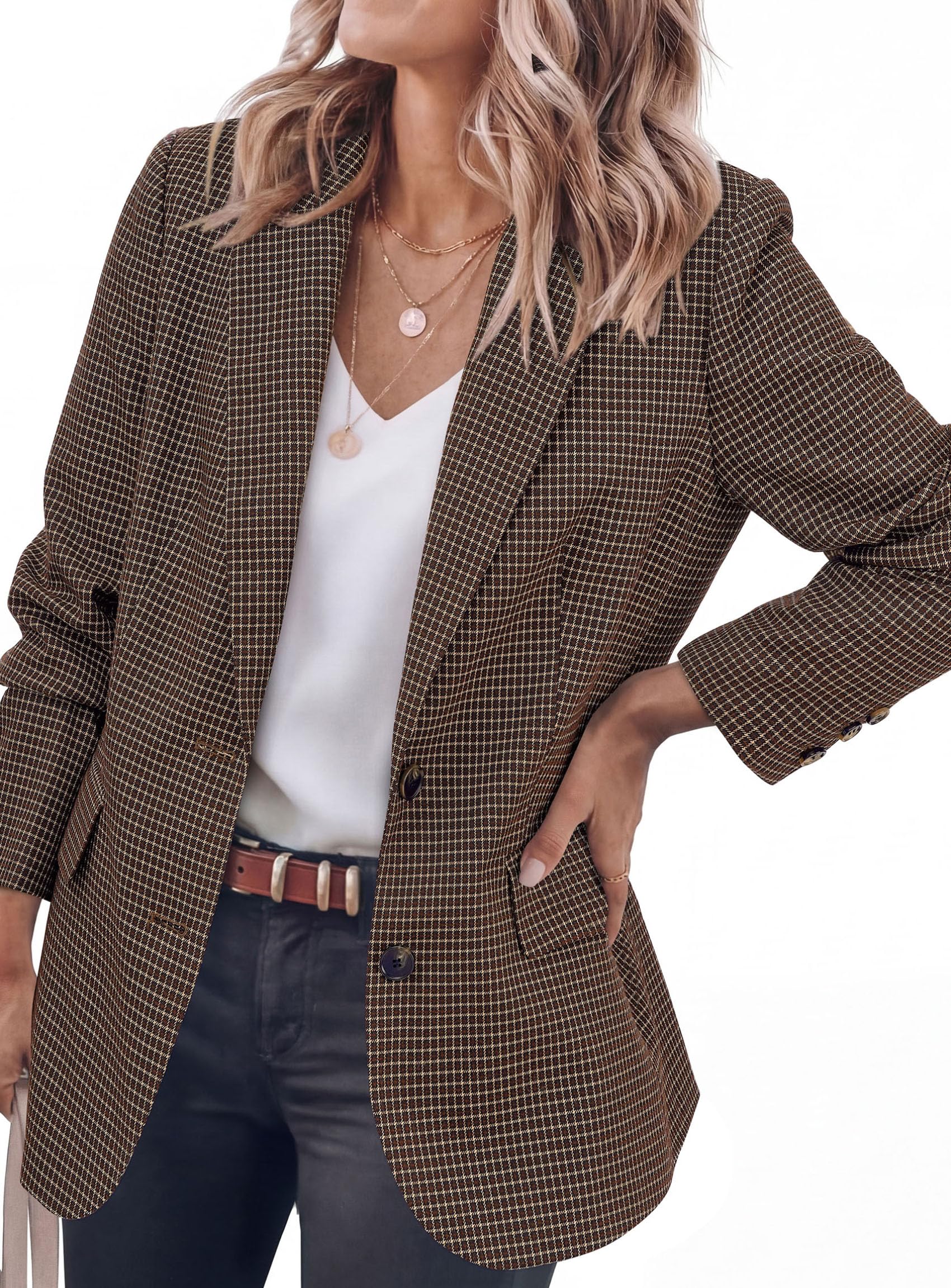 PRETTYGARDEN Fall Blazers for Women Business Casual | Long Sleeve Plaid Houndstooth, Notch Lapel Pockets, Oversized Blazer Outerwear, Trendy Suit Jackets, 2026 Winter Work Outfits thumbnail
