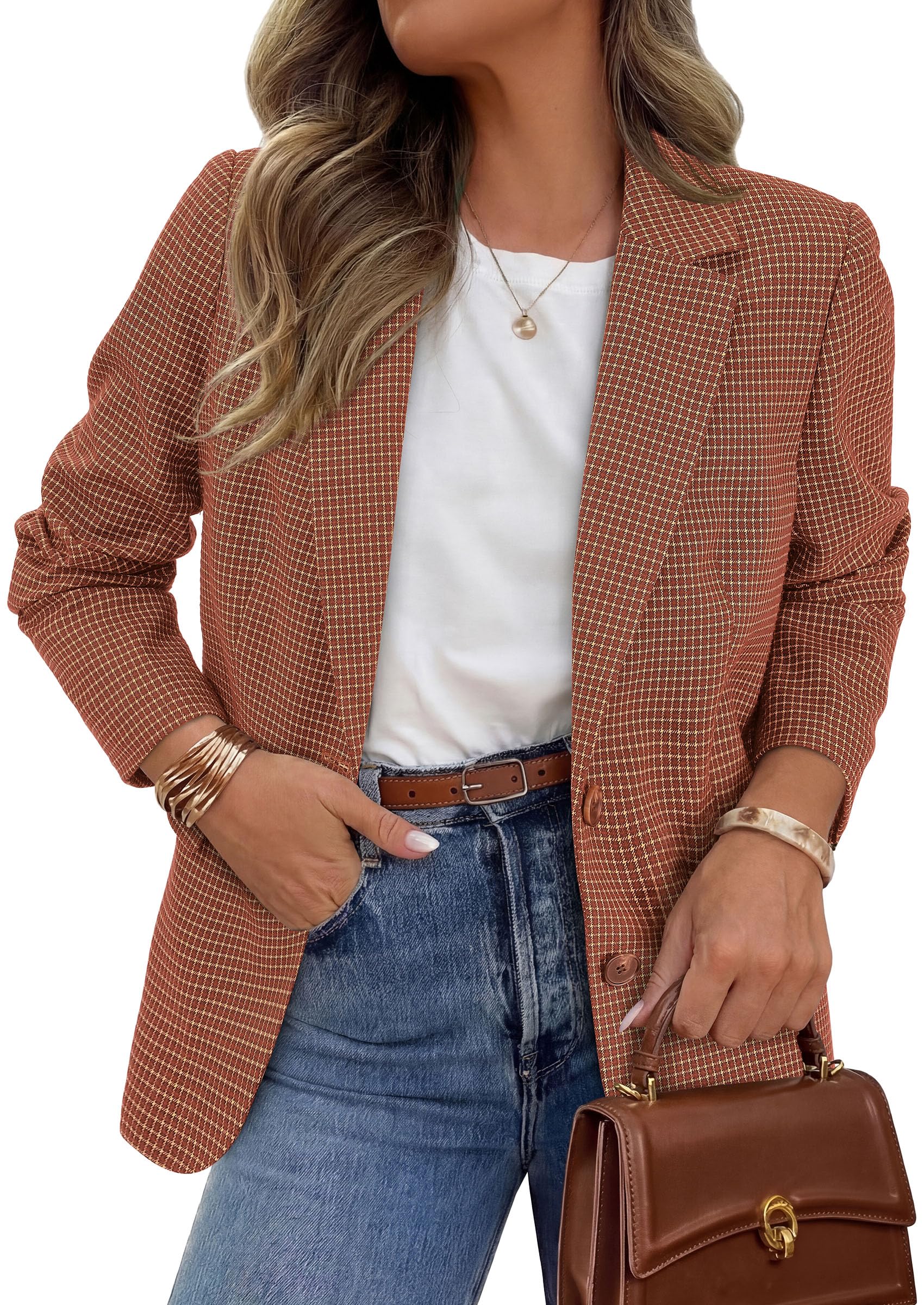 PRETTYGARDEN Fall Blazers for Women Business Casual | Long Sleeve Plaid Houndstooth, Notch Lapel Pockets, Oversized Blazer Outerwear, Trendy Suit Jackets, 2026 Winter Work Outfits thumbnail