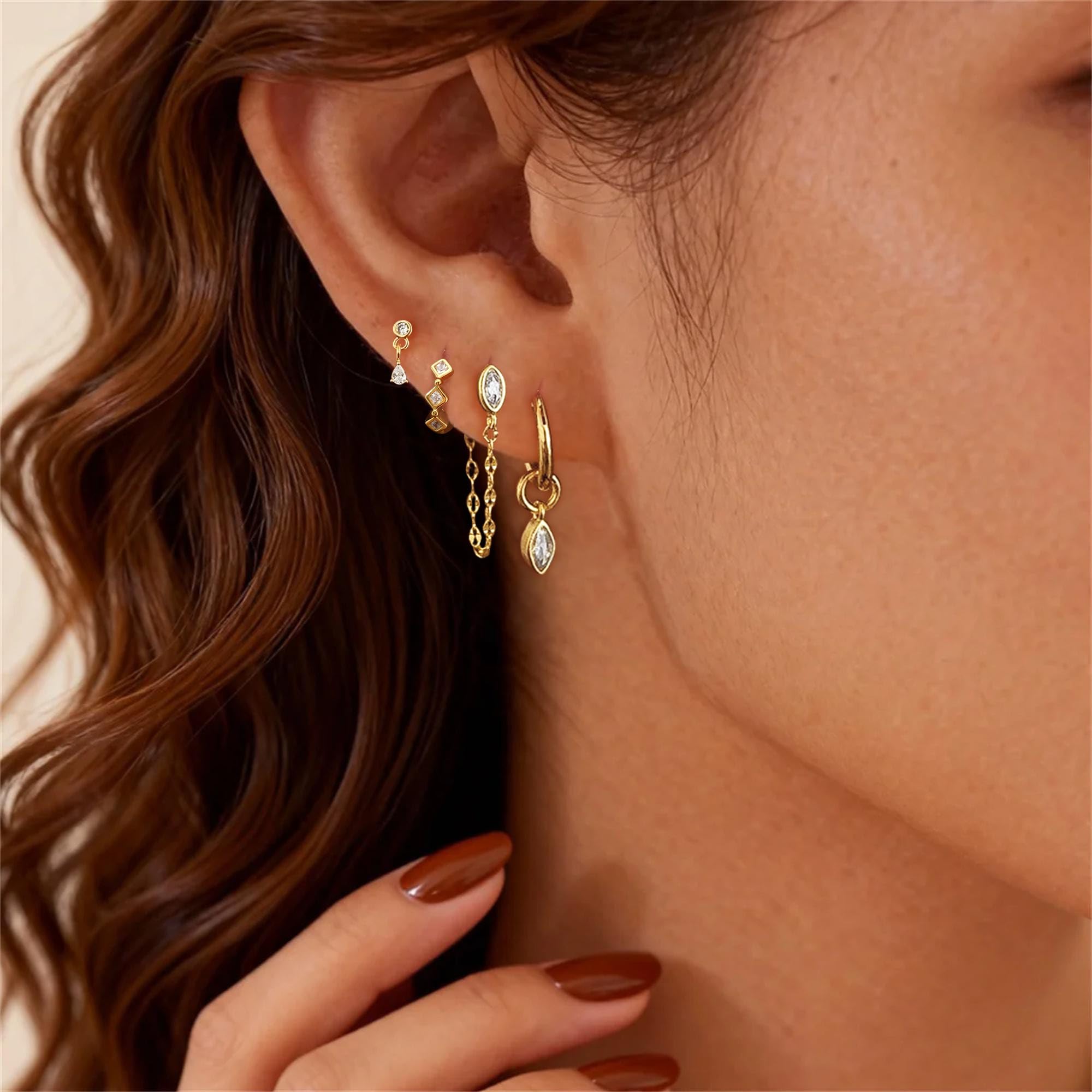 Earring Stacks for Women,Dainty 14k Gold Plated Chain Earrings Set Hypoallergenic Cute Small Huggie Hoop Earrings for Women Trendy Fashion Dangle Drop Earrings Summer Prom Jewelry Set thumbnail
