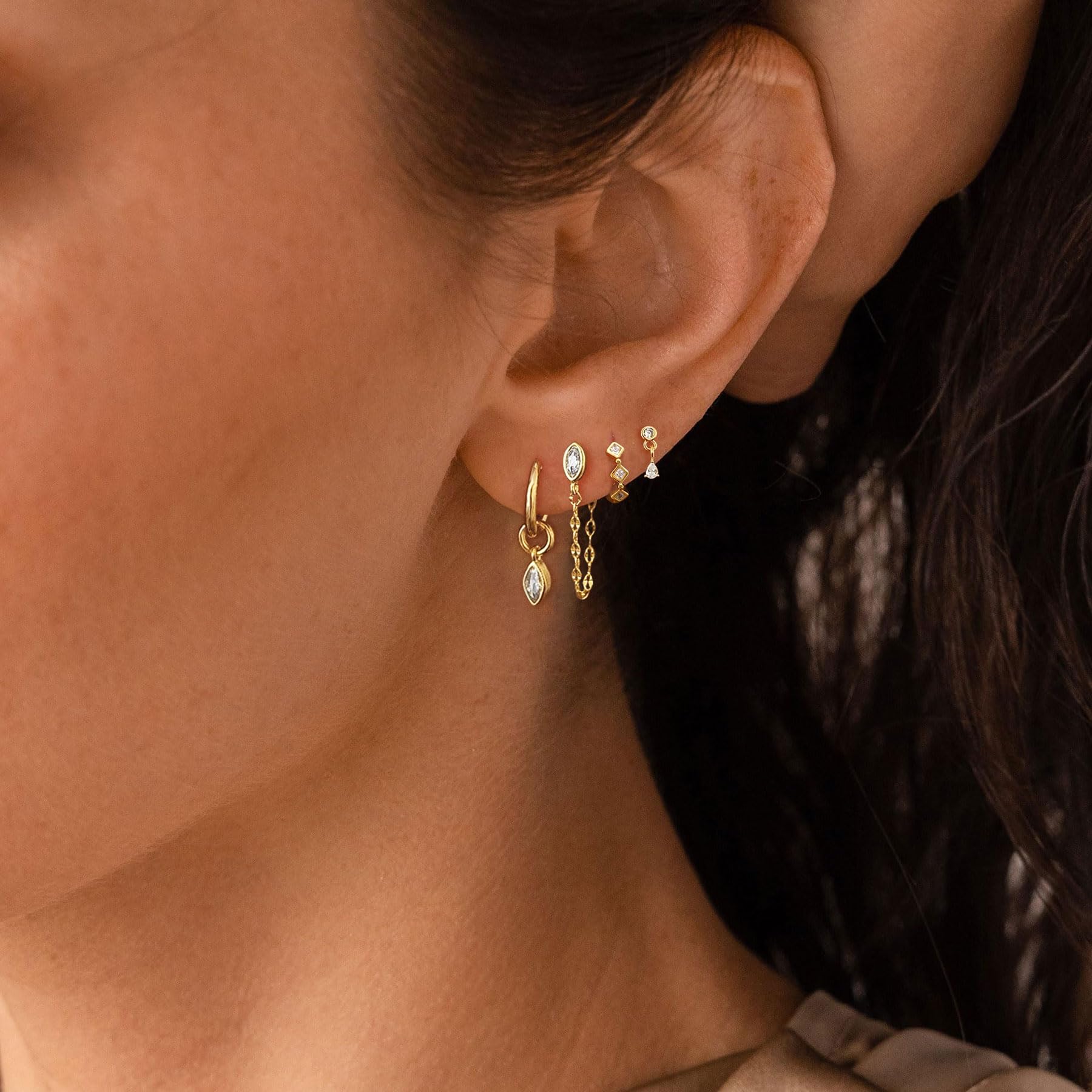 Earring Stacks for Women,Dainty 14k Gold Plated Chain Earrings Set Hypoallergenic Cute Small Huggie Hoop Earrings for Women Trendy Fashion Dangle Drop Earrings Summer Prom Jewelry Set thumbnail