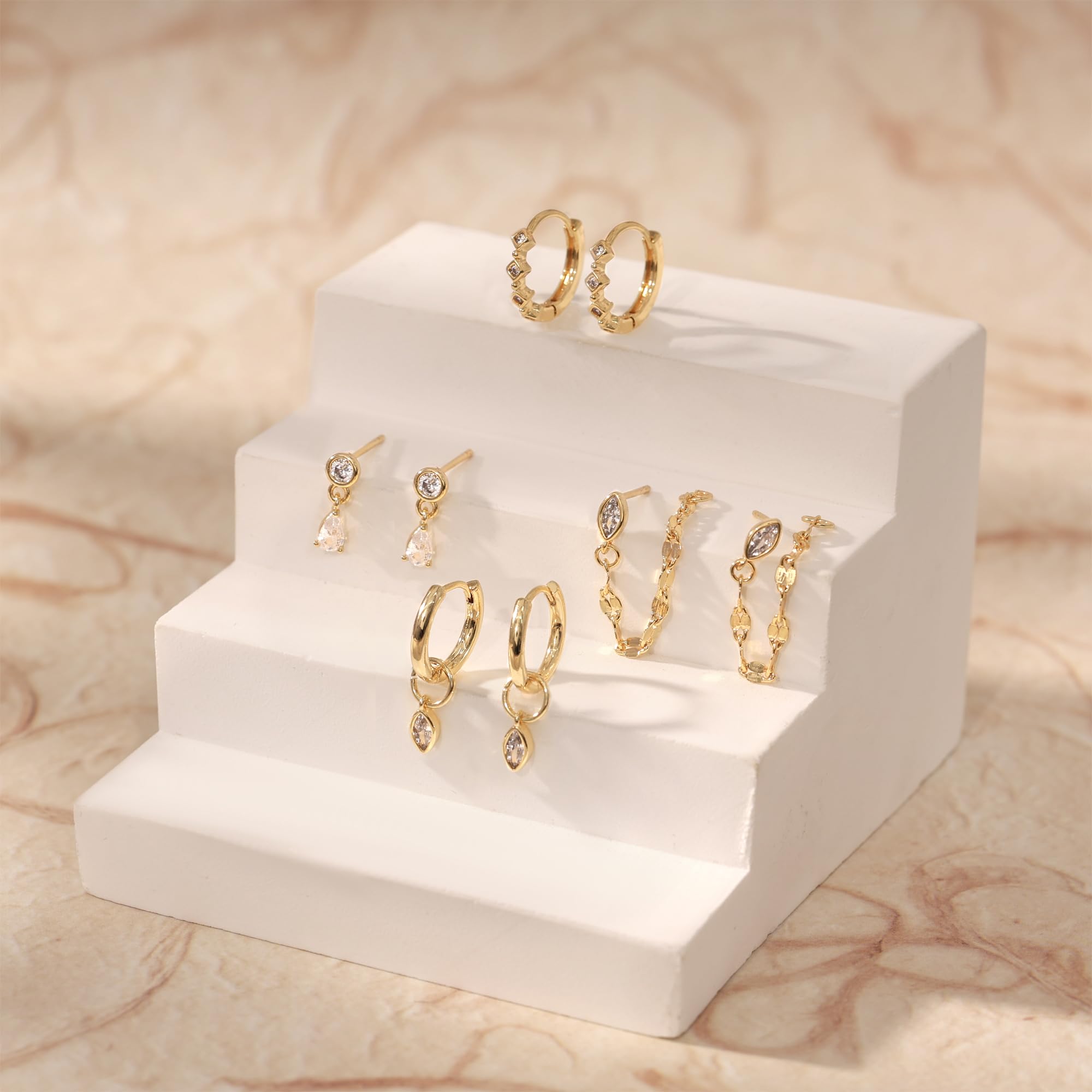 Earring Stacks for Women,Dainty 14k Gold Plated Chain Earrings Set Hypoallergenic Cute Small Huggie Hoop Earrings for Women Trendy Fashion Dangle Drop Earrings Summer Prom Jewelry Set thumbnail