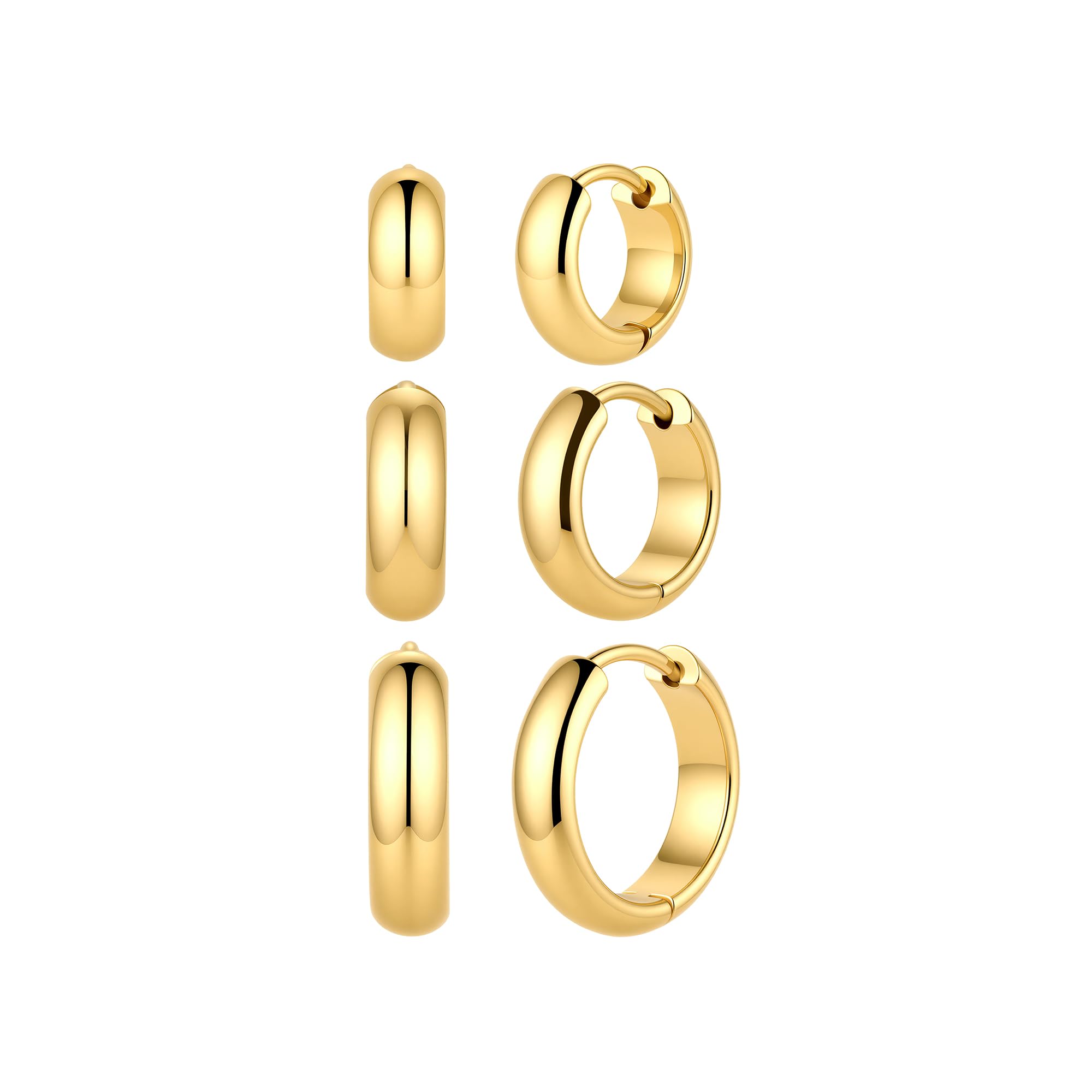 316L Surgical Stainless Steel 3Pairs 14K Gold Plated Hoop Earrings Set for Women Chunky Earring Hypoallergenic Small Huggie Hoops Lightweight Trendy Hoop Earrings Stacks for Multiple Piercing