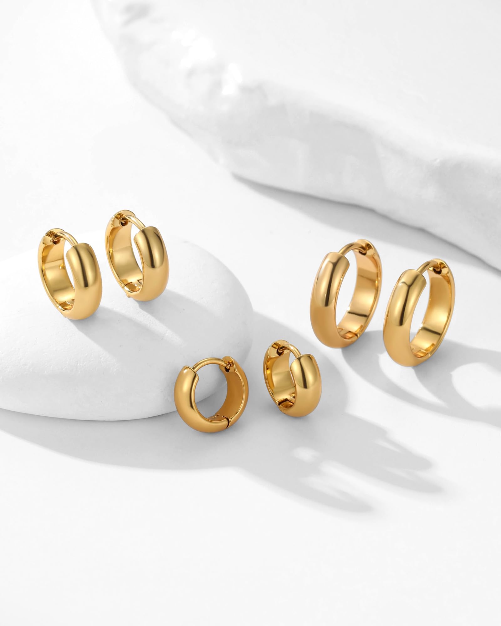 316L Surgical Stainless Steel 3Pairs 14K Gold Plated Hoop Earrings Set for Women Chunky Earring Hypoallergenic Small Huggie Hoops Lightweight Trendy Hoop Earrings Stacks for Multiple Piercing thumbnail