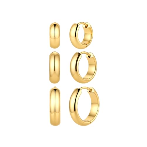 316L Surgical Stainless Steel 3Pairs 14K Gold Plated Hoop Earrings Set for Women Chunky Earring Hypoallergenic Small Huggie Hoops Lightweight Trendy Hoop Earrings Stacks for Multiple Piercing thumbnail