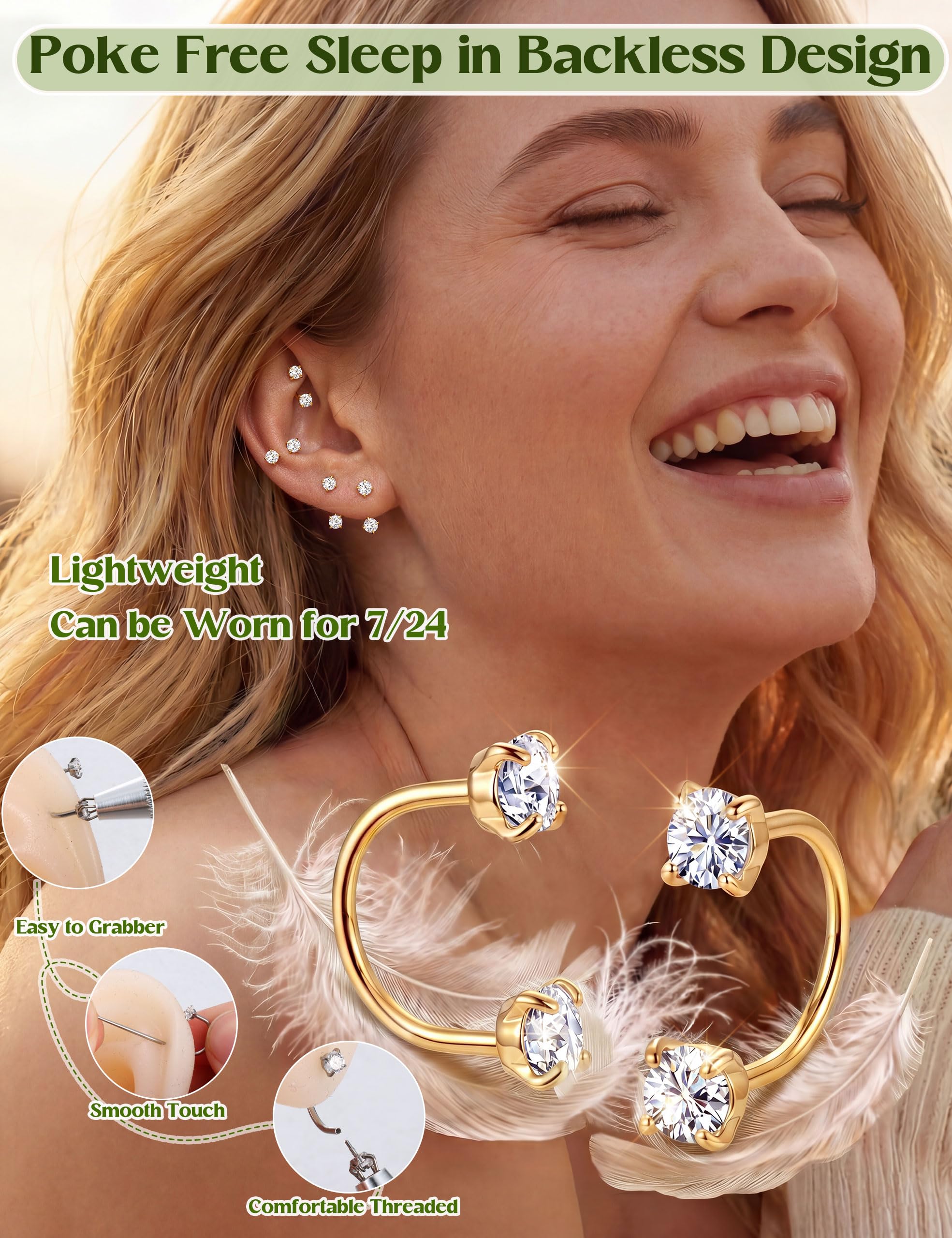 ORAZIO 18G Half Huggie Earrings Jacket Pack for Women Hypoallergenic Loop Hoop Backless Earring Stacks Set Small Cubic Zirconia Screwback Studs Jewelry Gifts for Women Men Trendy thumbnail