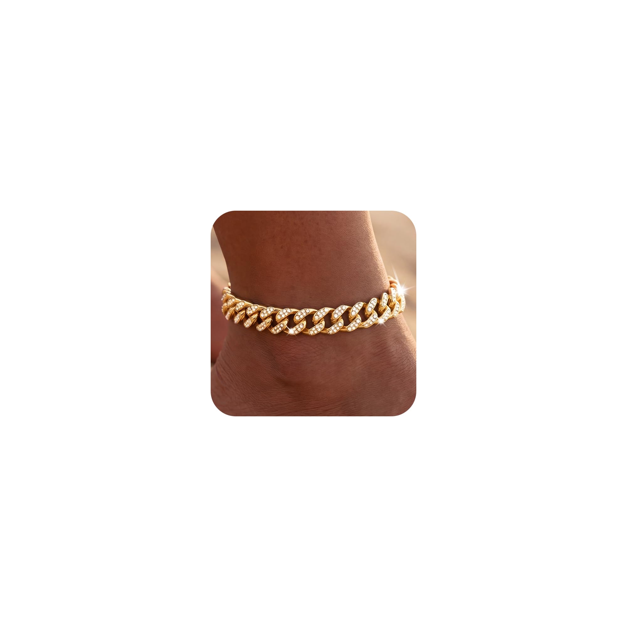 Width-12mm Chunky Cuban Link Ankle Bracelets for Women Waterproof, 18K Gold/Silver Plated Anklets Cubic Zirconia Adjustable Thick Chain Trendy Beach Summer Fashion Jewelry Gift