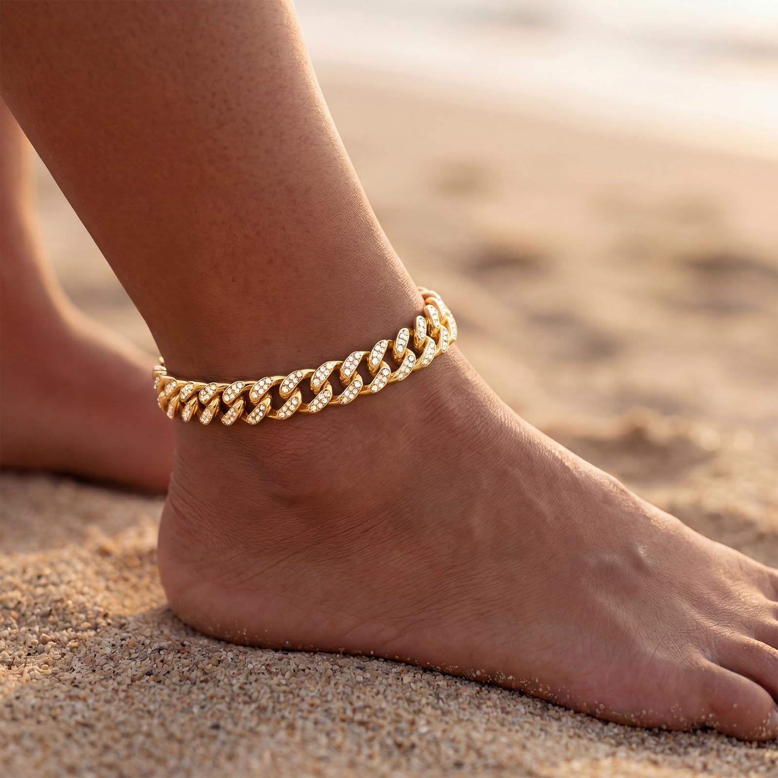 Width-12mm Chunky Cuban Link Ankle Bracelets for Women Waterproof, 18K Gold/Silver Plated Anklets Cubic Zirconia Adjustable Thick Chain Trendy Beach Summer Fashion Jewelry Gift thumbnail