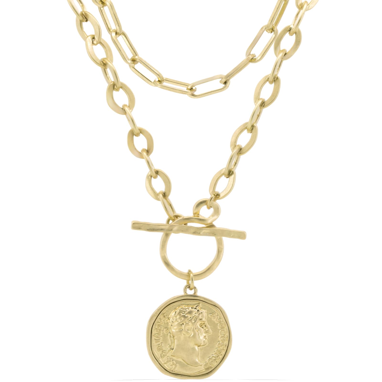 Chunky Coin Pendant Necklace for Women, 18K Gold Plated Double-Sided Antique Coin Necklace, Thick Toggle Link Chain Layered Statement Jewelry, 18 Inch