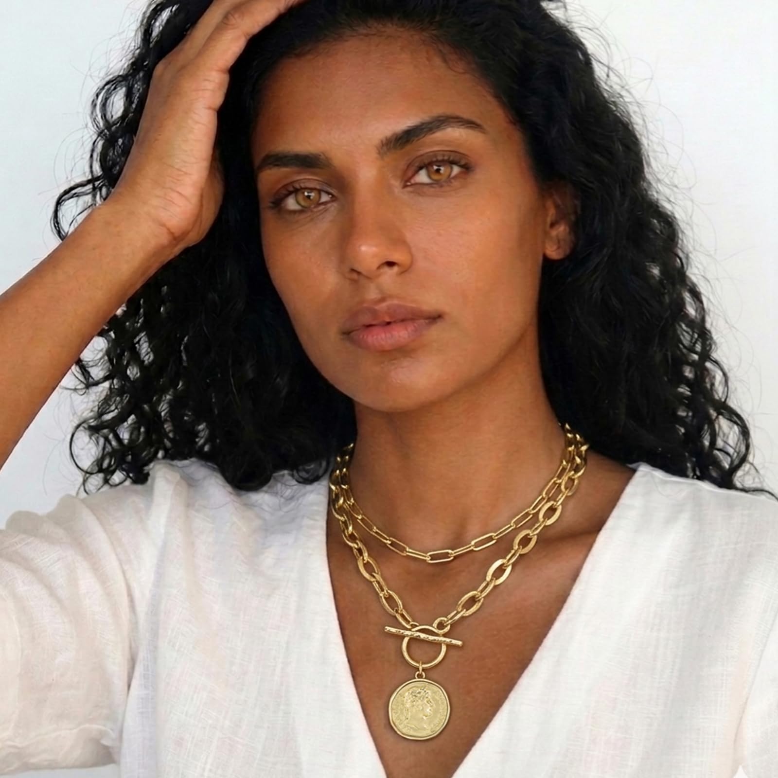 Chunky Coin Pendant Necklace for Women, 18K Gold Plated Double-Sided Antique Coin Necklace, Thick Toggle Link Chain Layered Statement Jewelry, 18 Inch thumbnail