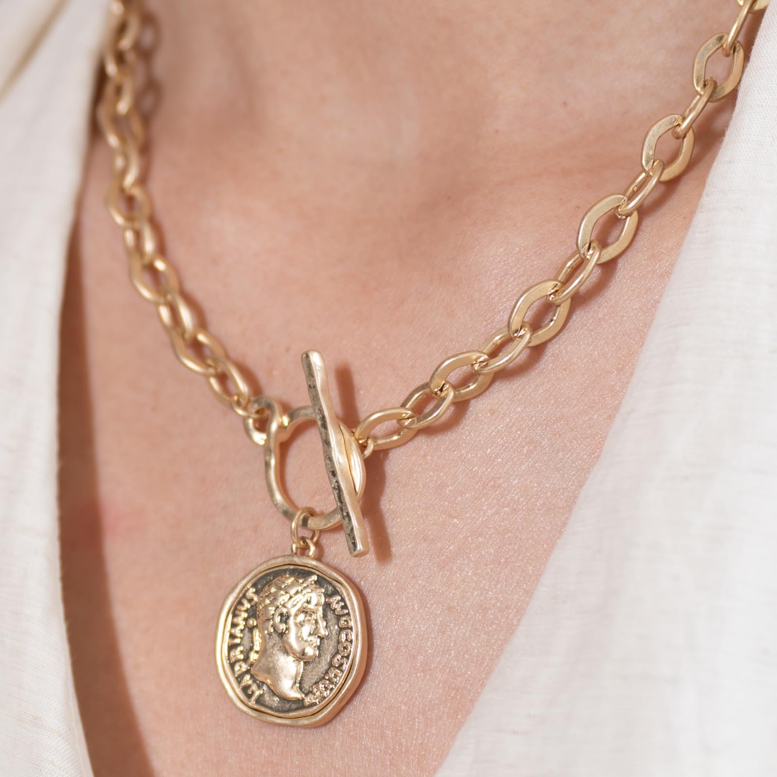 Chunky Coin Pendant Necklace for Women, 18K Gold Plated Double-Sided Antique Coin Necklace, Thick Toggle Link Chain Layered Statement Jewelry, 18 Inch thumbnail