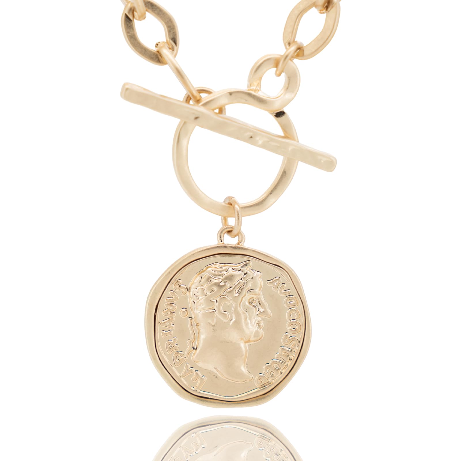 Chunky Coin Pendant Necklace for Women, 18K Gold Plated Double-Sided Antique Coin Necklace, Thick Toggle Link Chain Layered Statement Jewelry, 18 Inch thumbnail