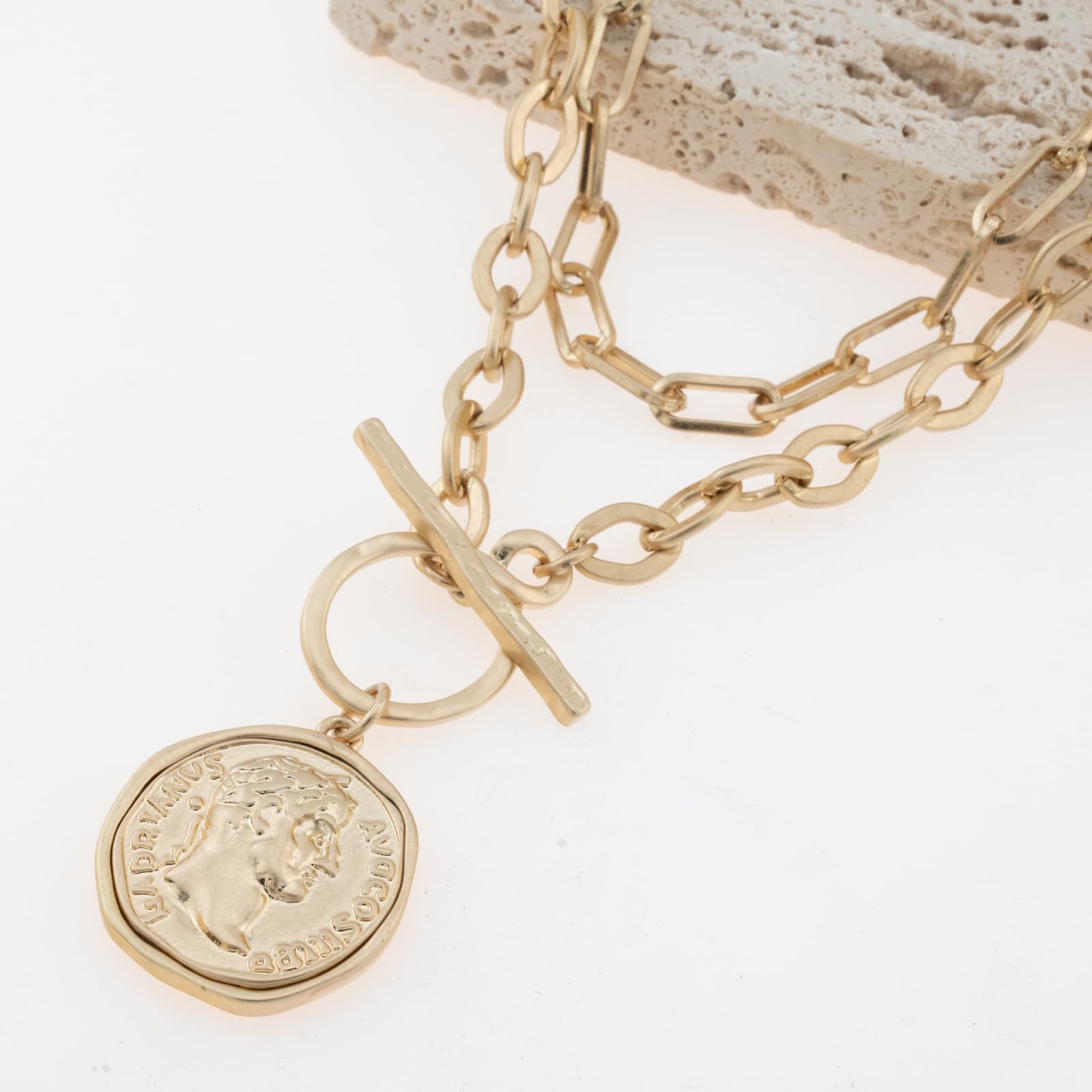 Chunky Coin Pendant Necklace for Women, 18K Gold Plated Double-Sided Antique Coin Necklace, Thick Toggle Link Chain Layered Statement Jewelry, 18 Inch thumbnail